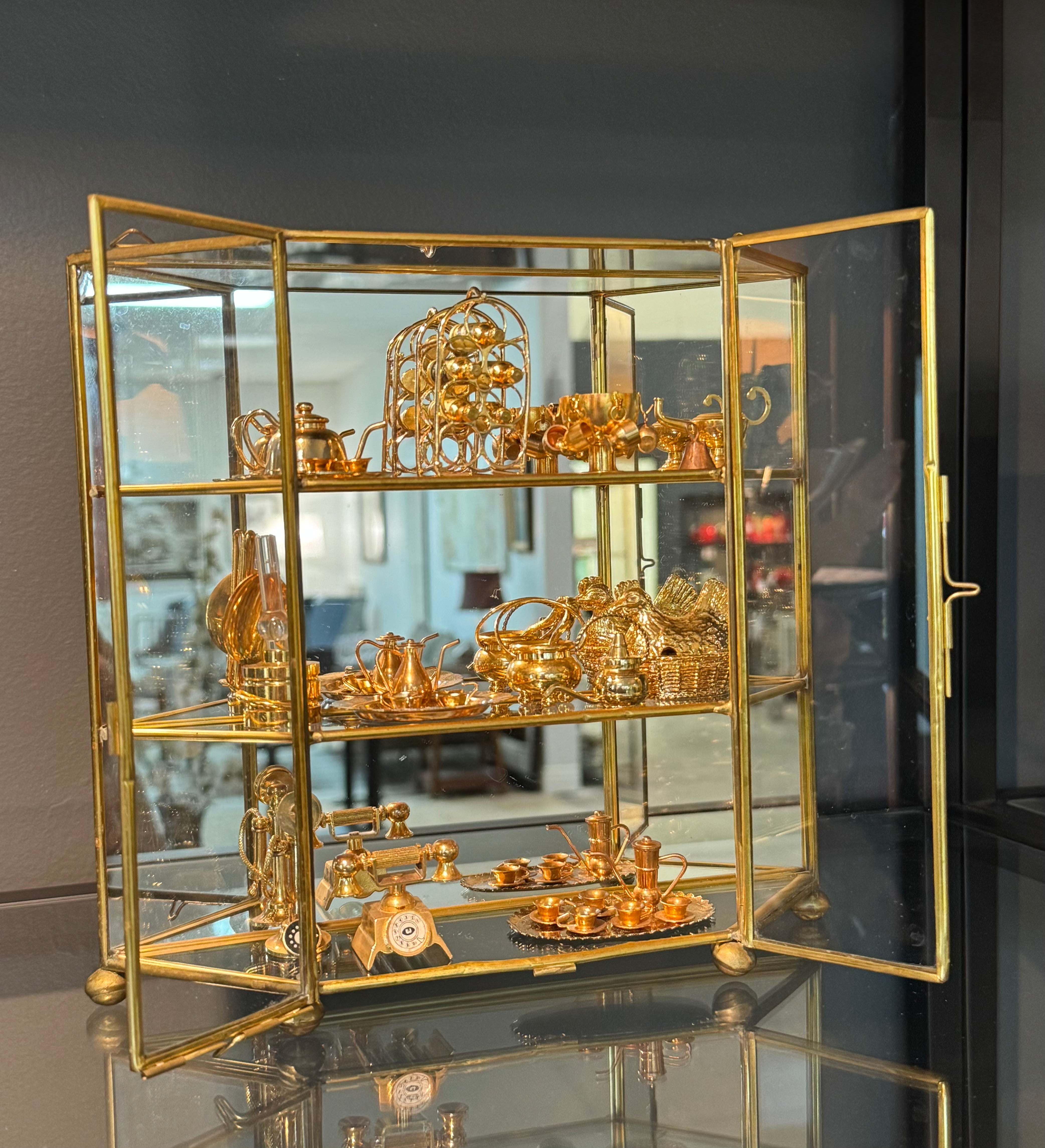 Vintage Brass Curio Cabinet with Miniatures