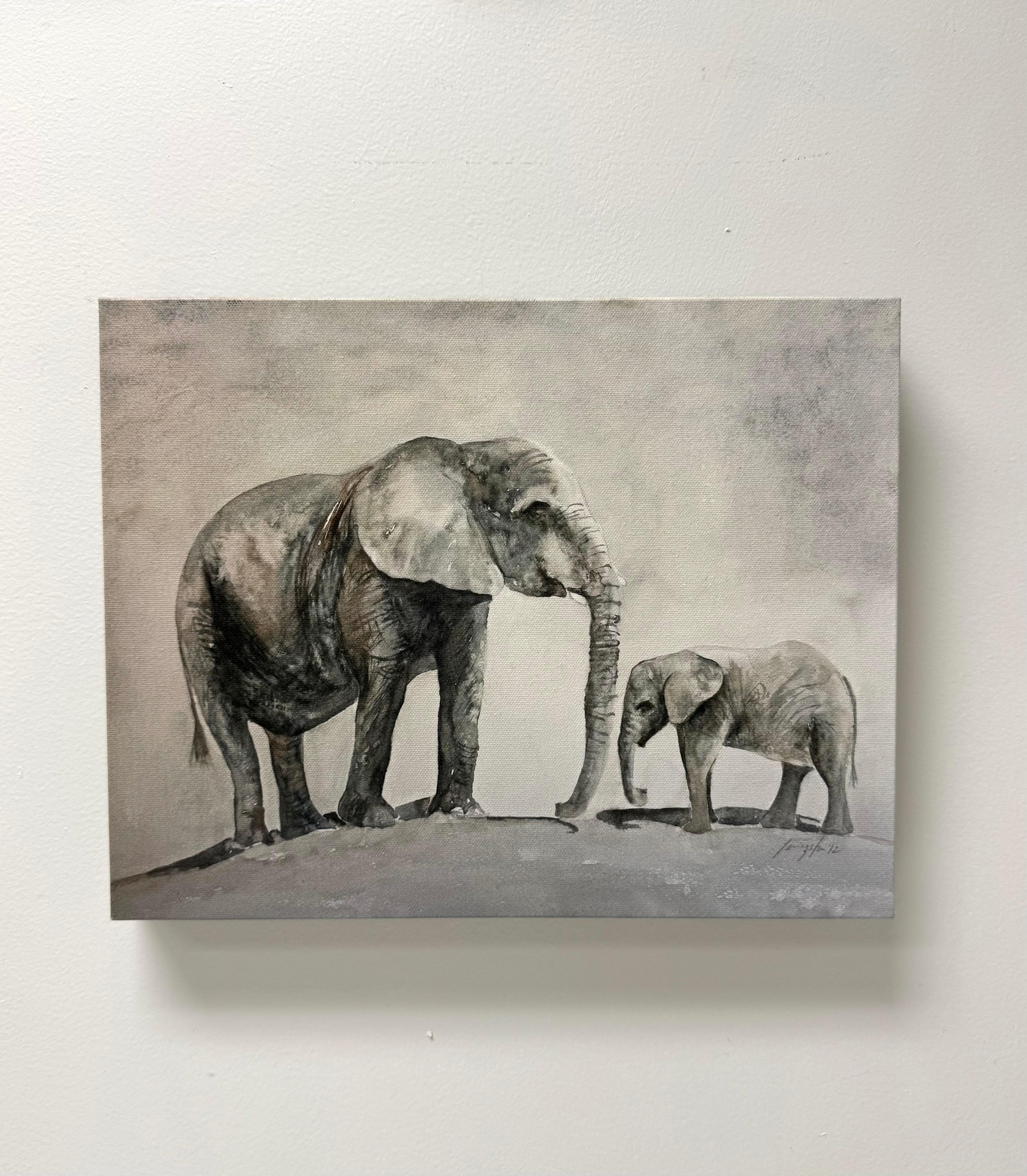 Elephant and Calf Watercolour Canvas Art