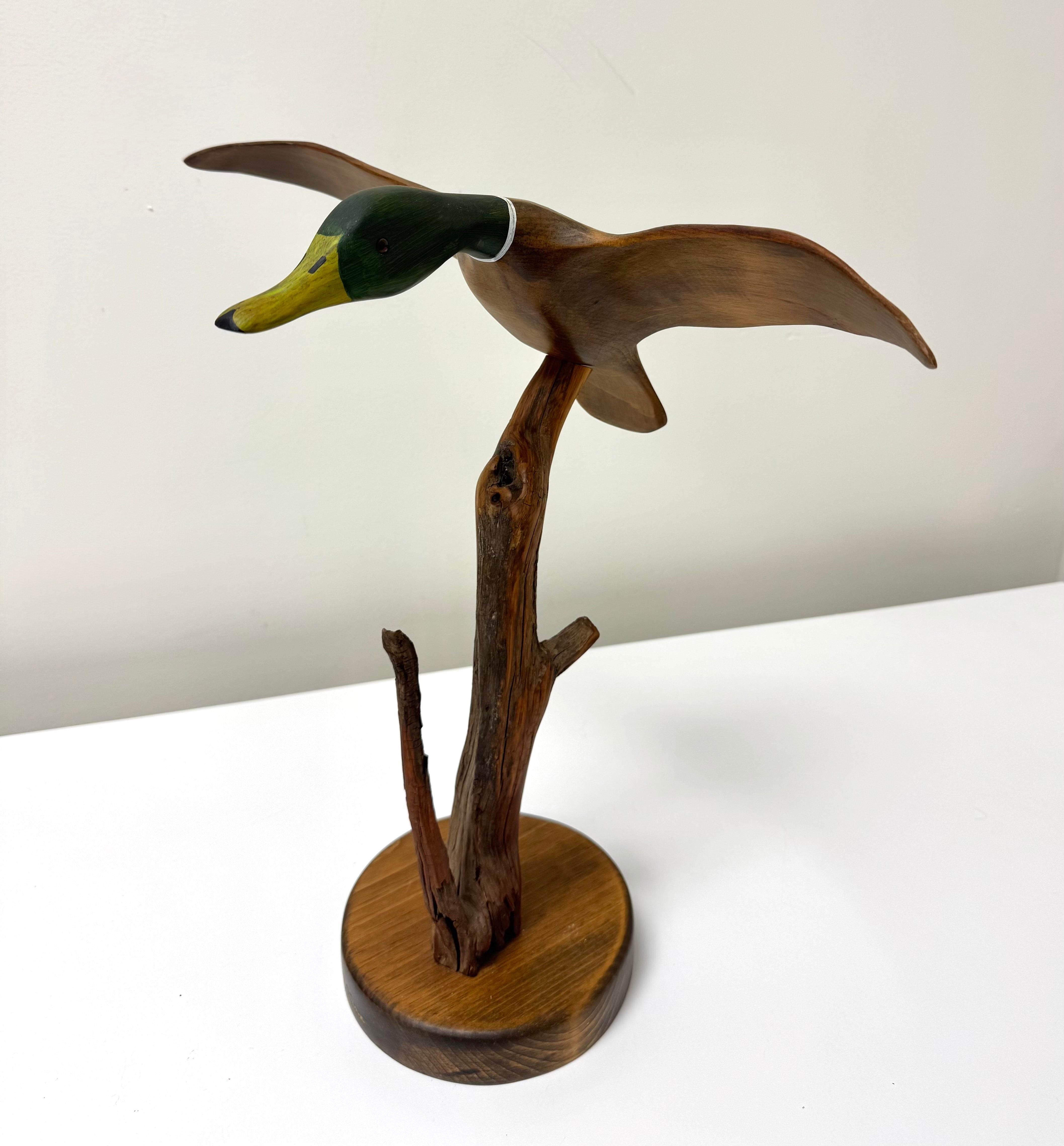 'Mallard in Flight' Hand-carved Wood Sculpture