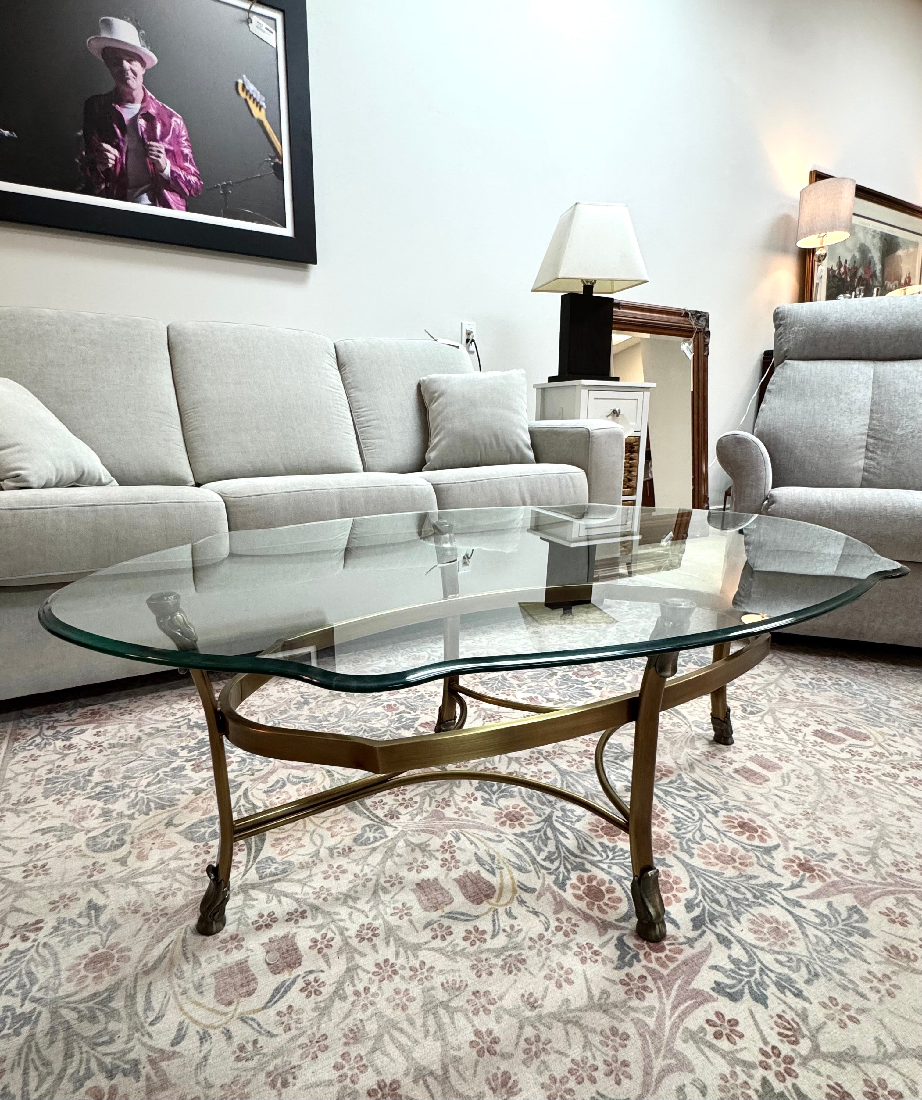 Vintage Antiqued Brass Scalloped Oval Coffee Table