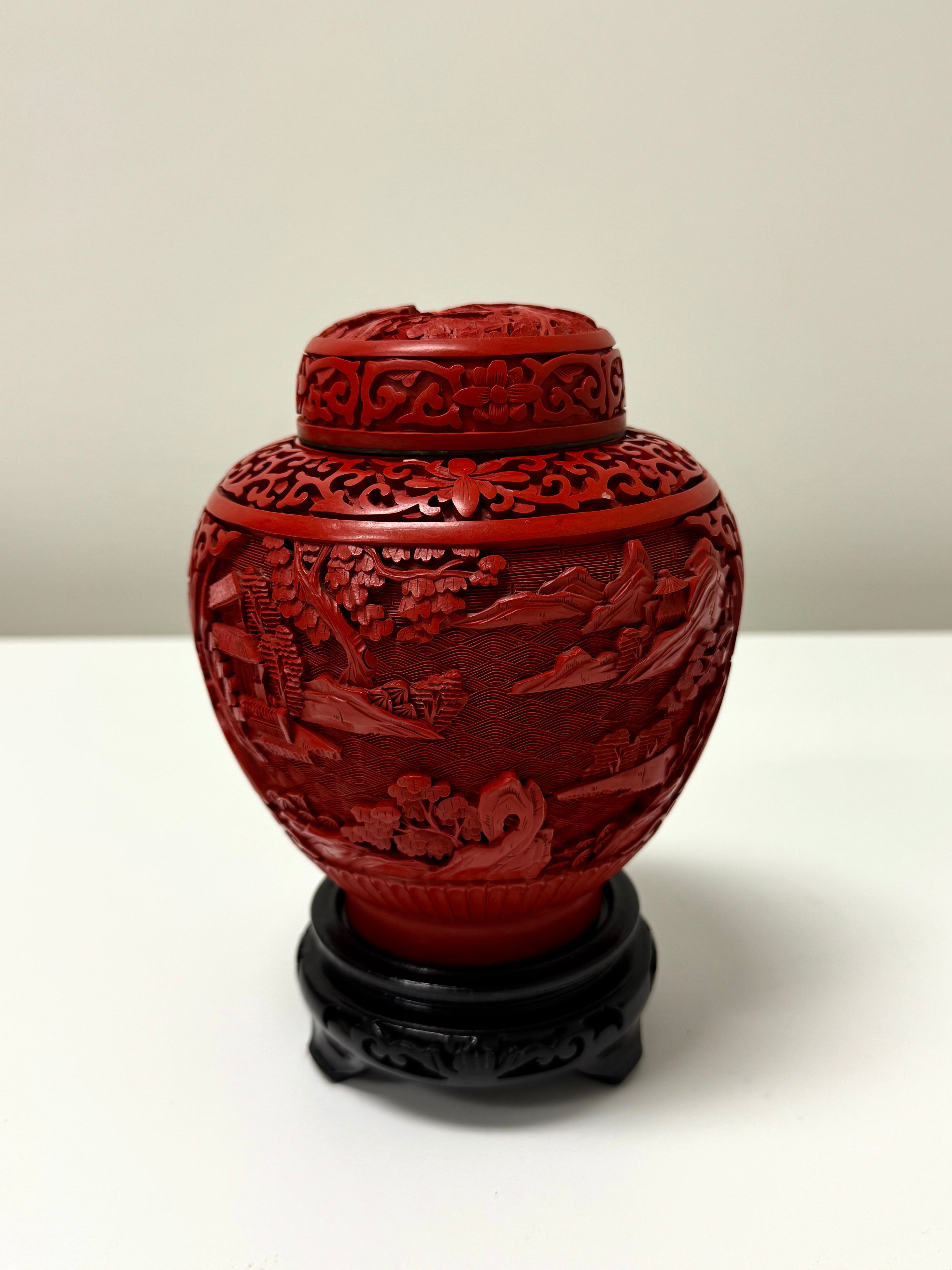 Vintage Chinese Cinnabar 6" Ginger Jar on Carved Wood Base