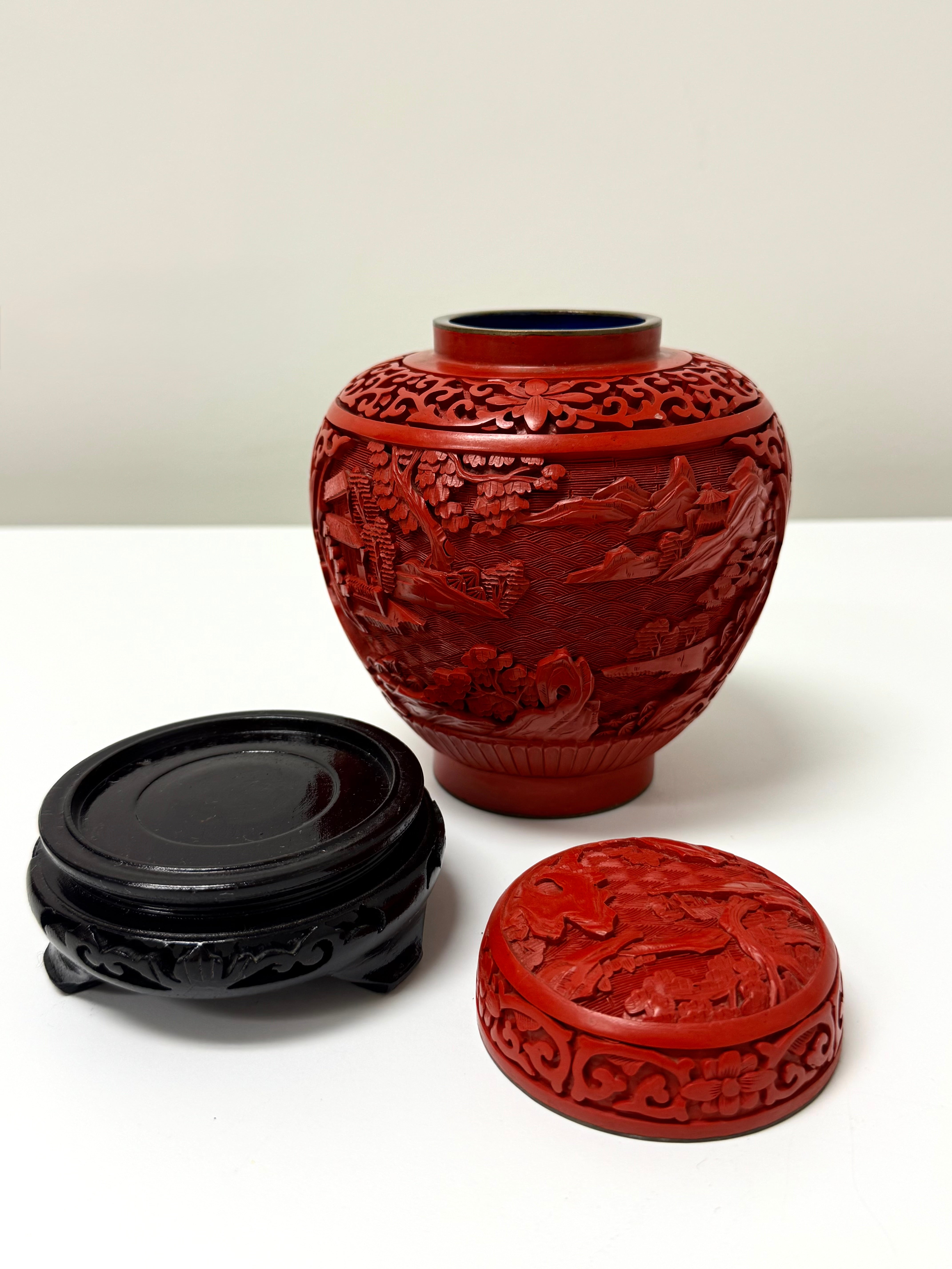 Vintage Chinese Cinnabar 6" Ginger Jar on Carved Wood Base