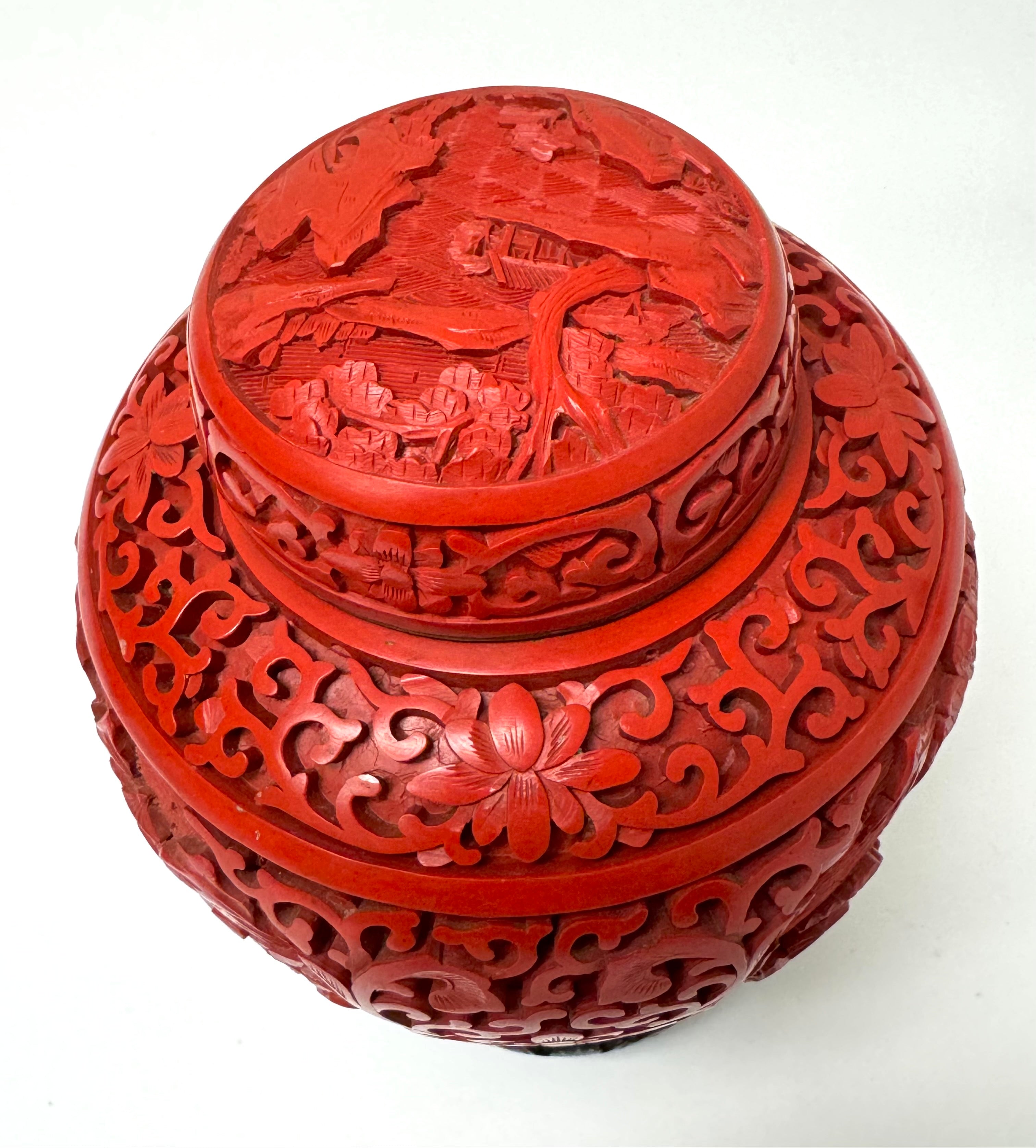 Vintage Chinese Cinnabar 6" Ginger Jar on Carved Wood Base