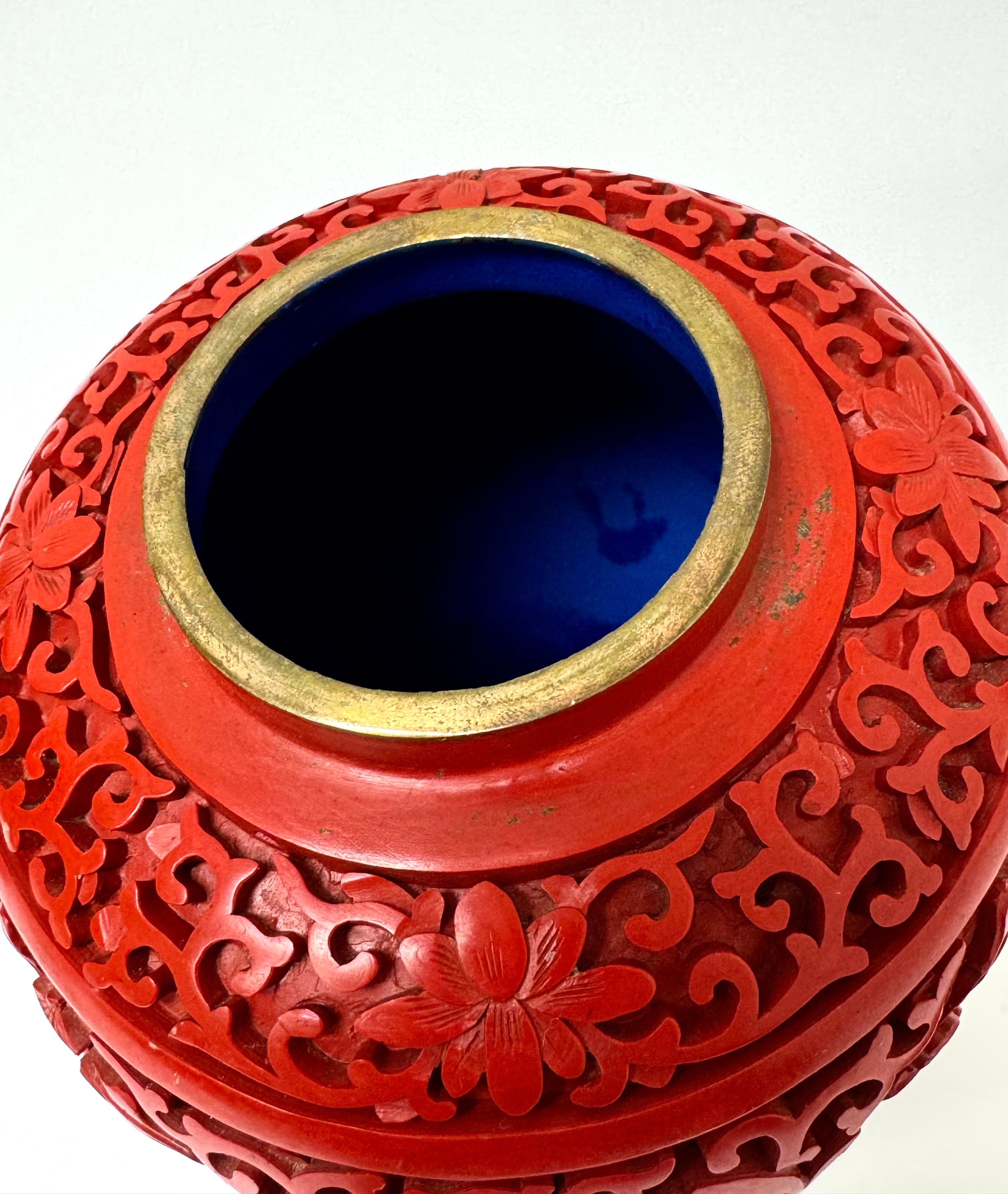 Vintage Chinese Cinnabar 6" Ginger Jar on Carved Wood Base