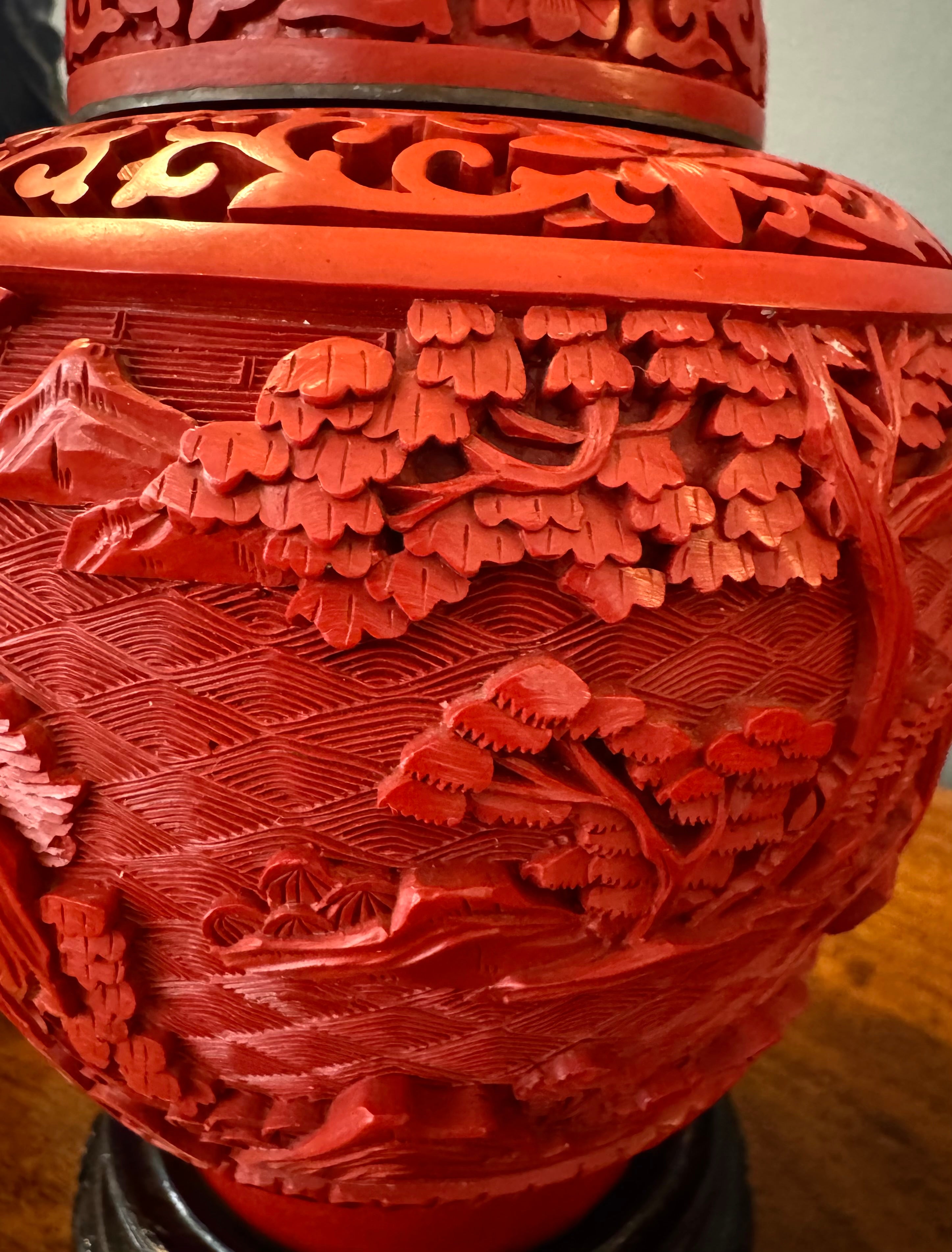 Vintage Chinese Cinnabar 6" Ginger Jar on Carved Wood Base