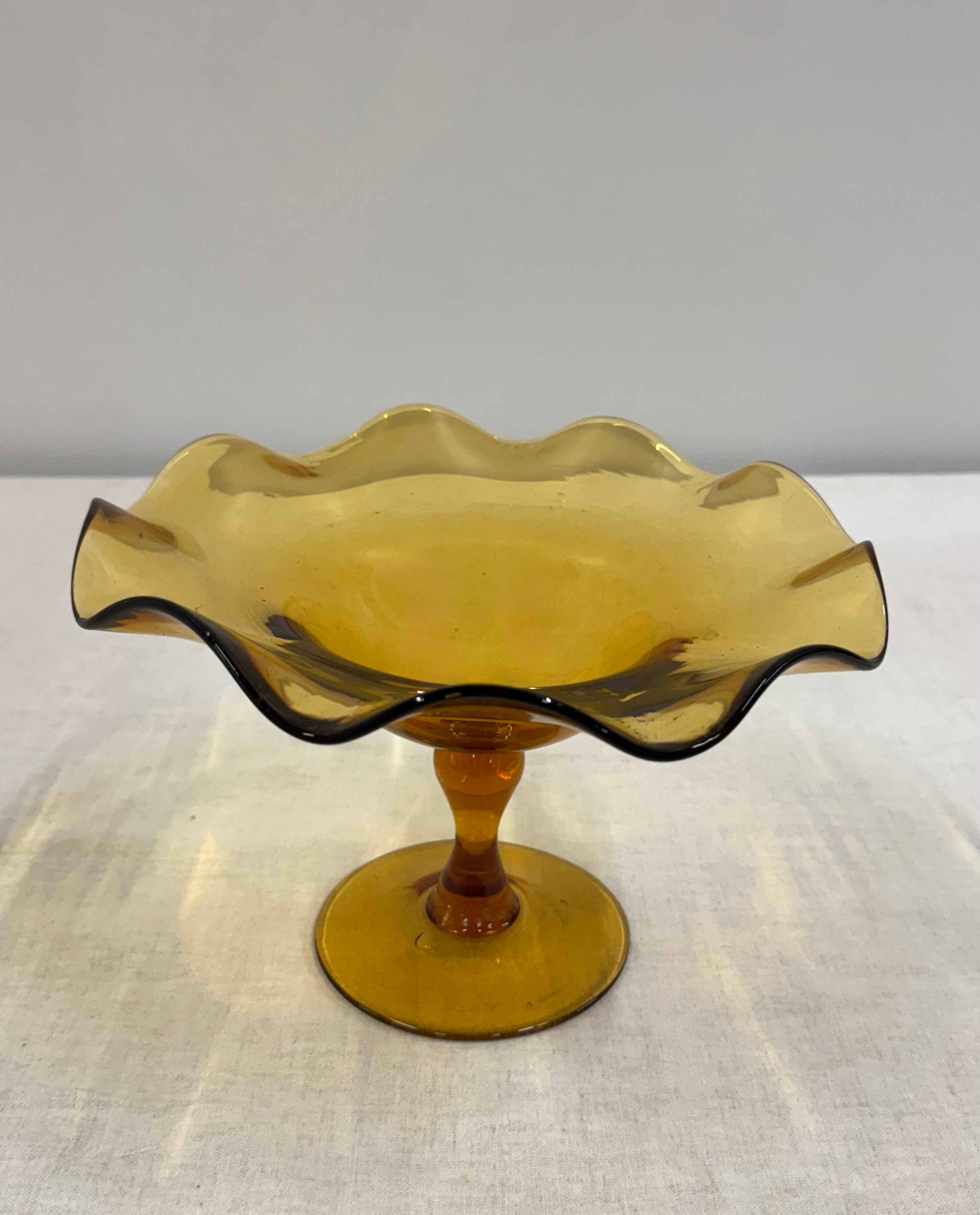 Vintage Golden Amber Glass Pedestal Bowl with Ruffled Edge