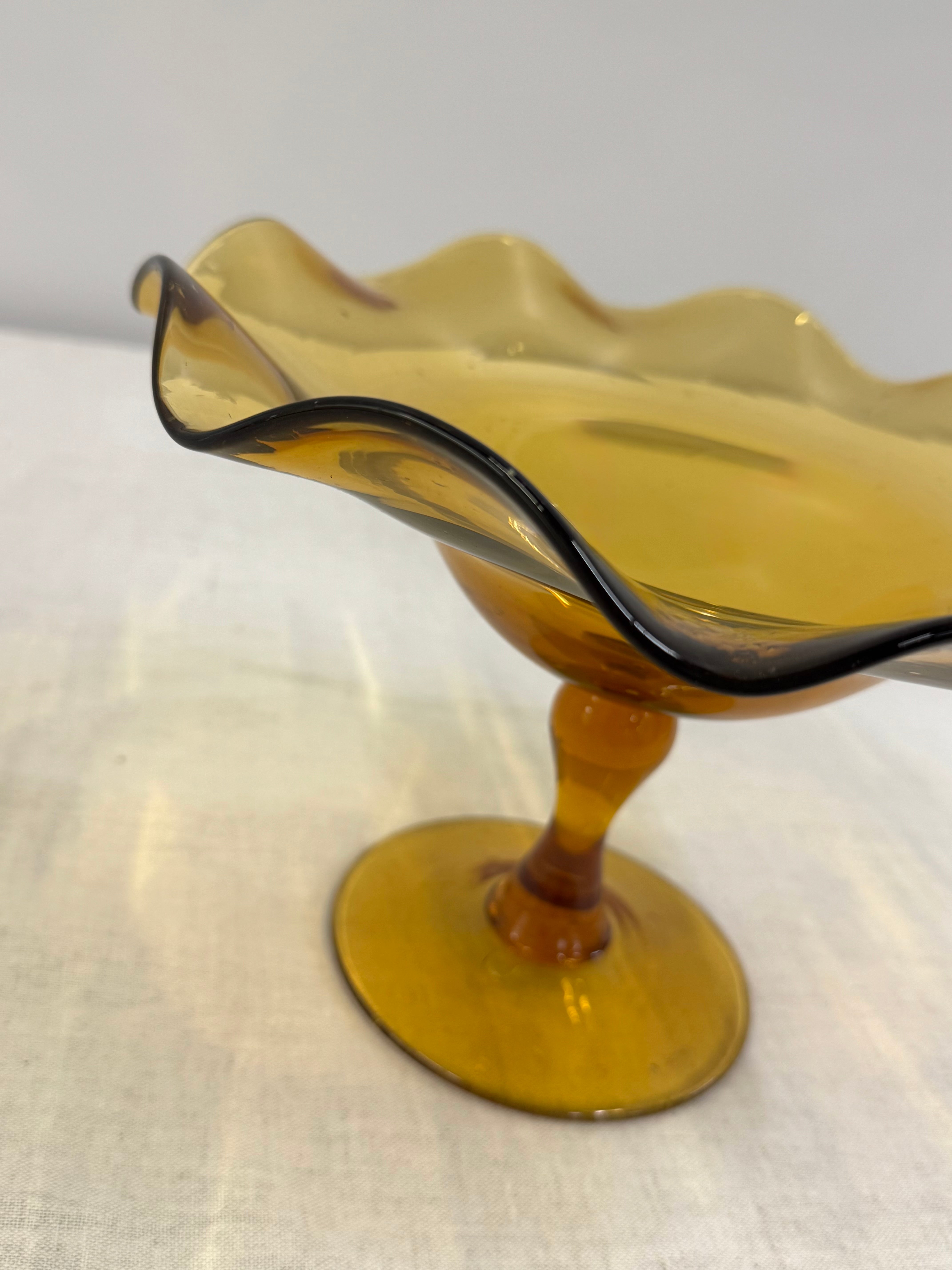 Vintage Golden Amber Glass Pedestal Bowl with Ruffled Edge