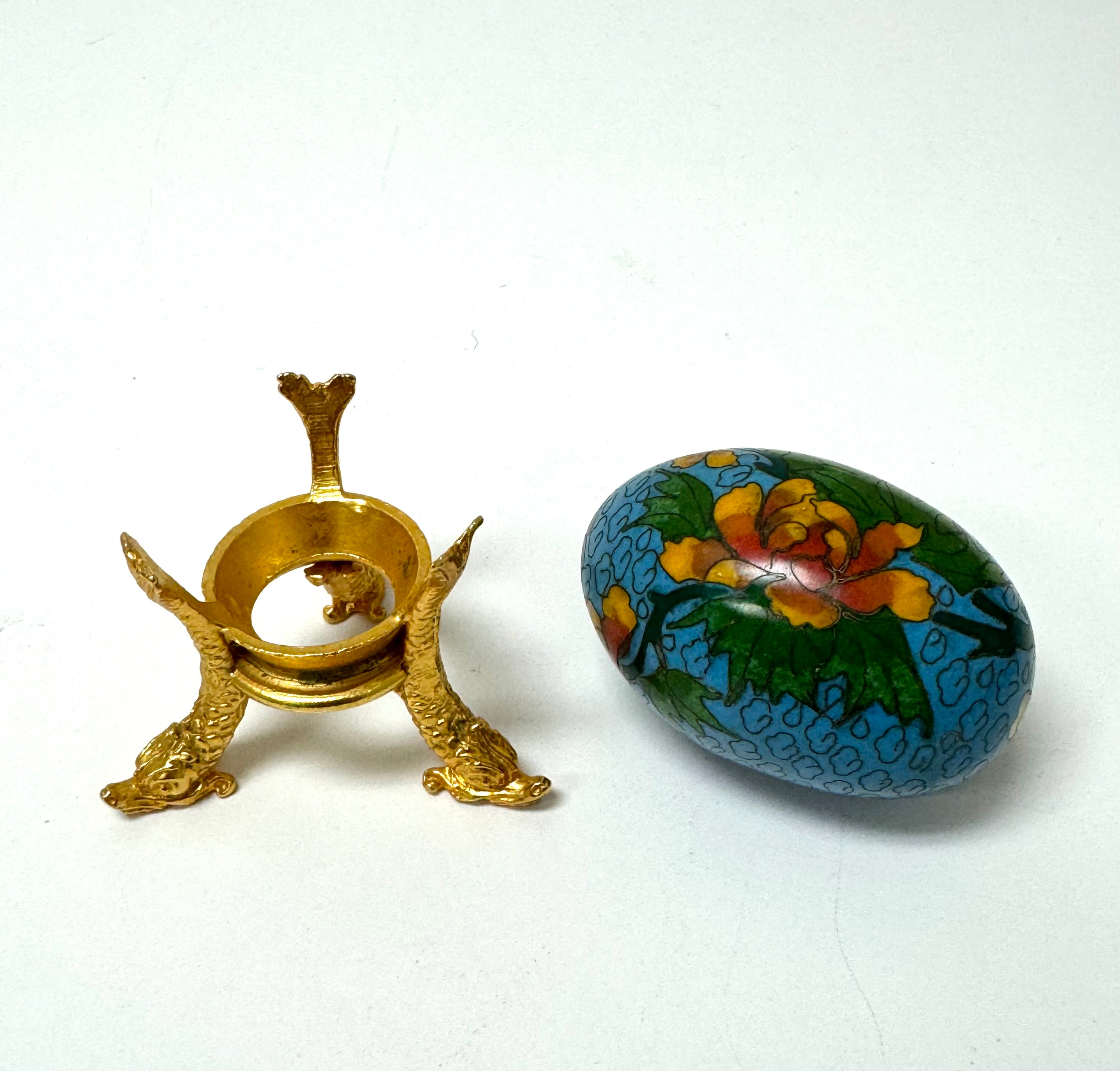 Sky Blue Floral Cloisonne Egg with Gold Stand
