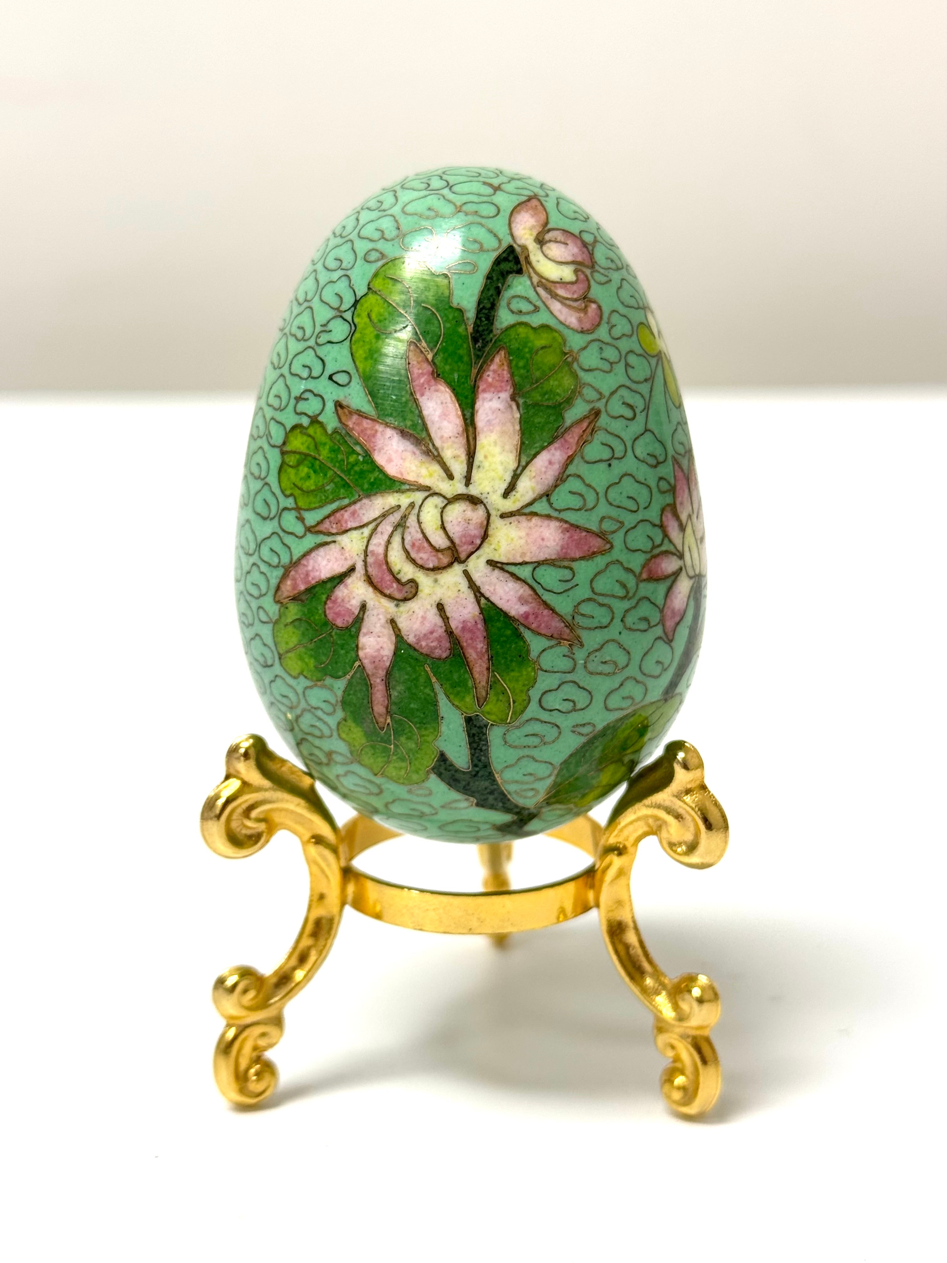 Green Floral Cloisonne Egg on Gold Stand
