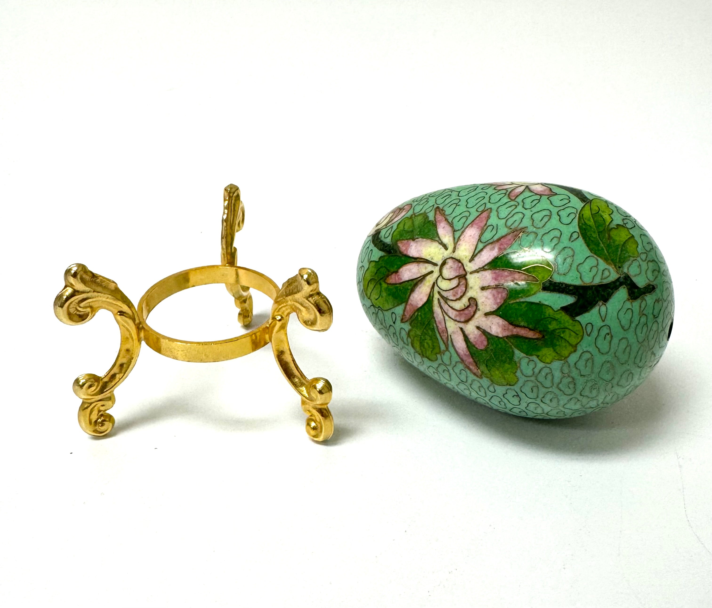 Green Floral Cloisonne Egg on Gold Stand