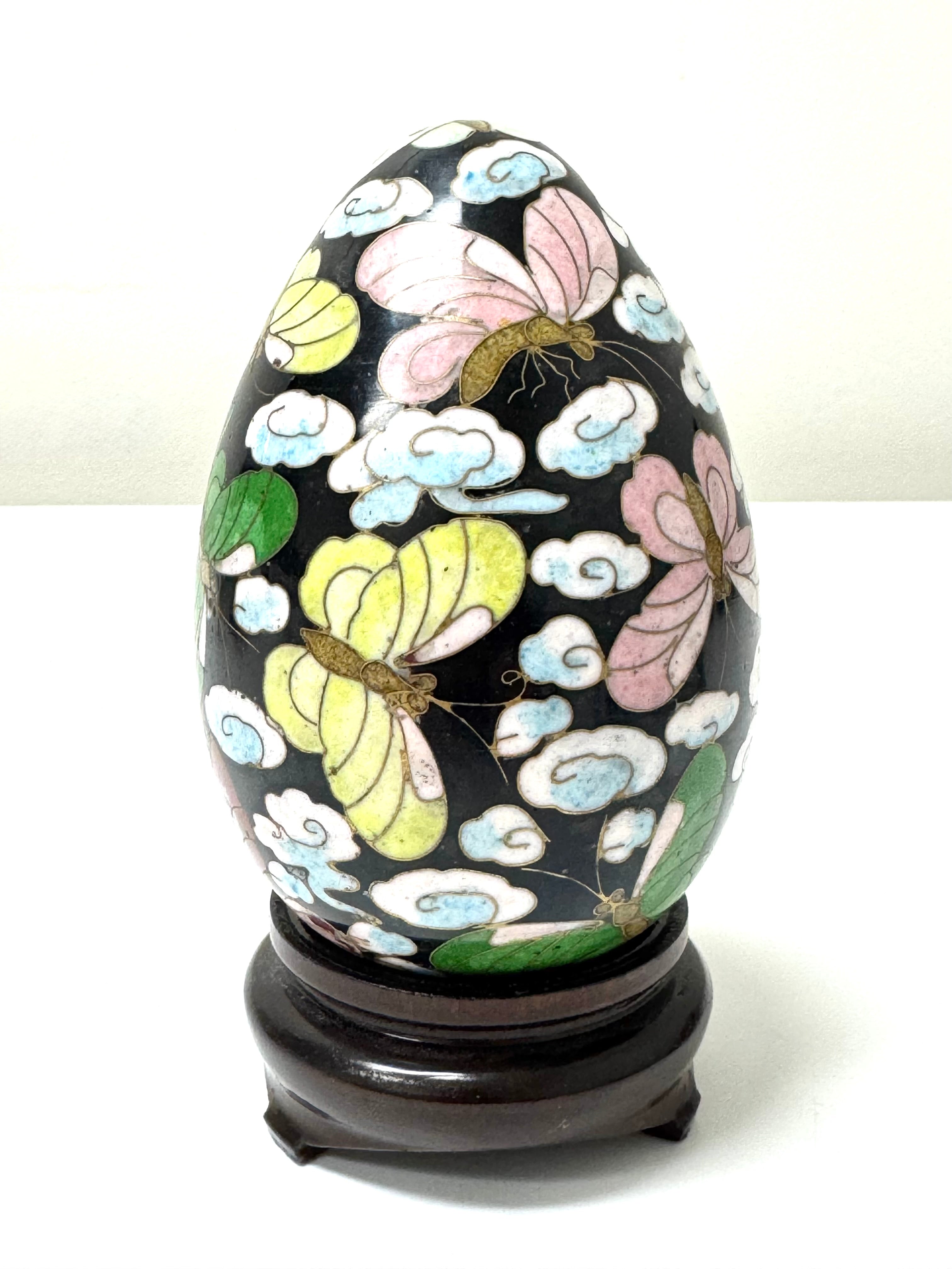 Black Butterflies & Clouds Cloisonne Egg on Wood Base
