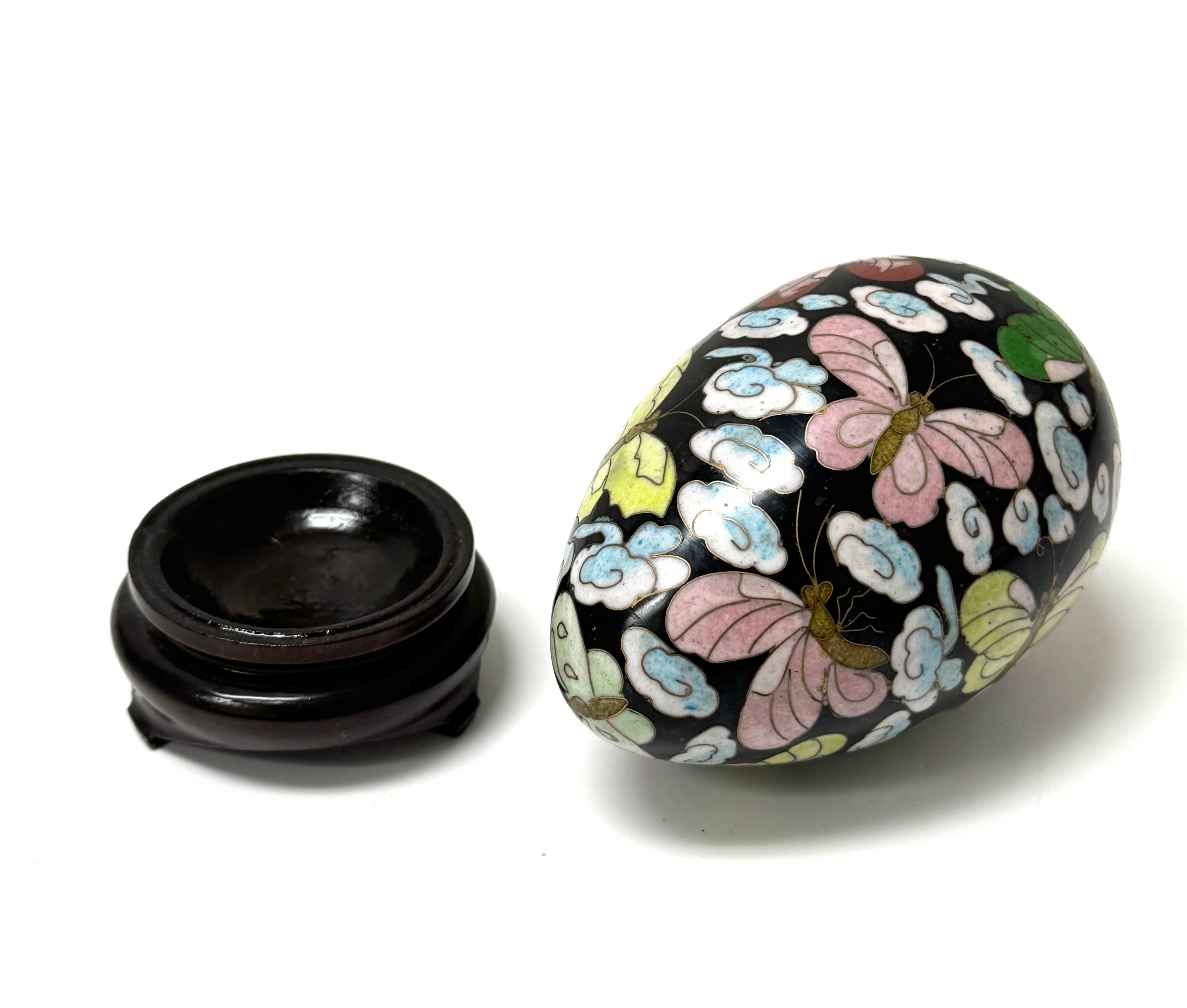 Black Butterflies & Clouds Cloisonne Egg on Wood Base