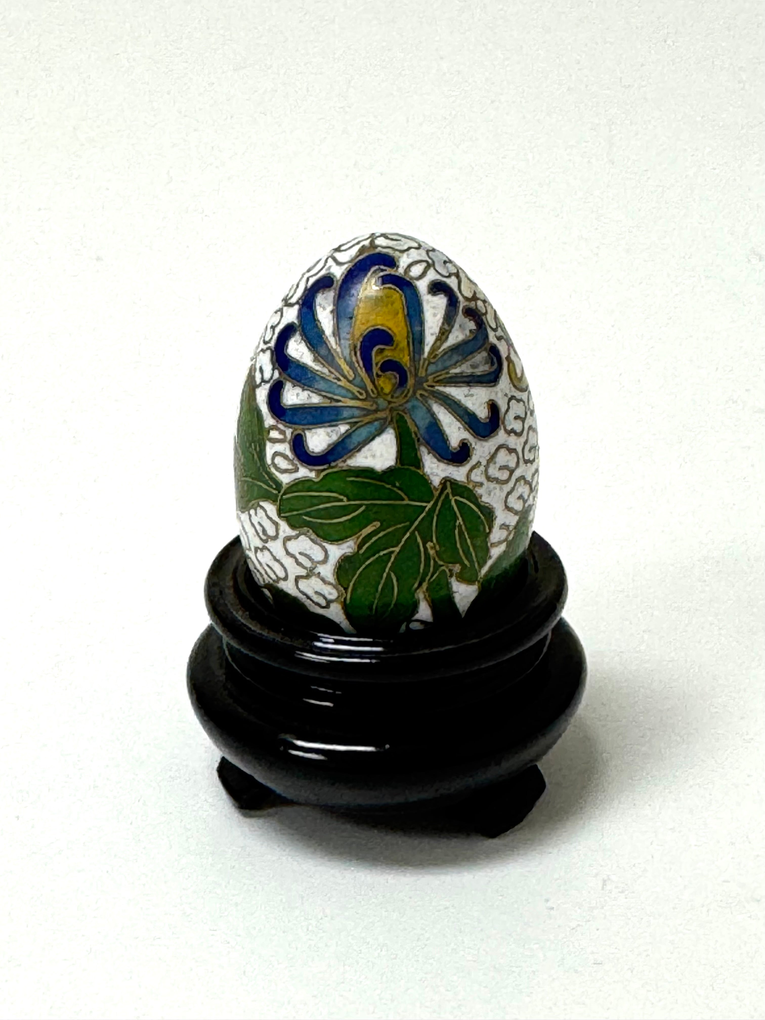 Blue Floral Cloisonne Egg on Wood Base