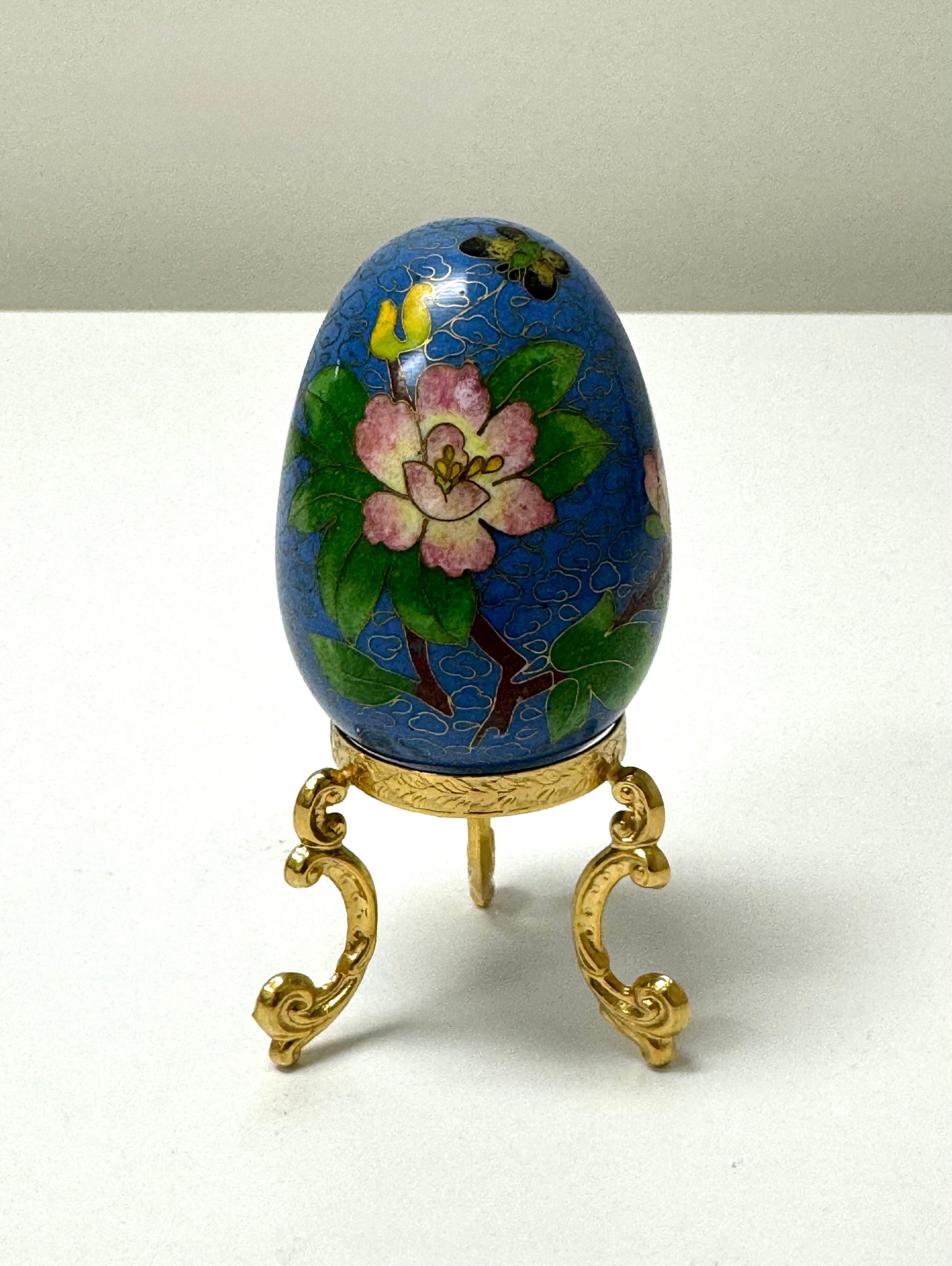 Sky Blue Floral Cloisonne Egg with Gold Stand