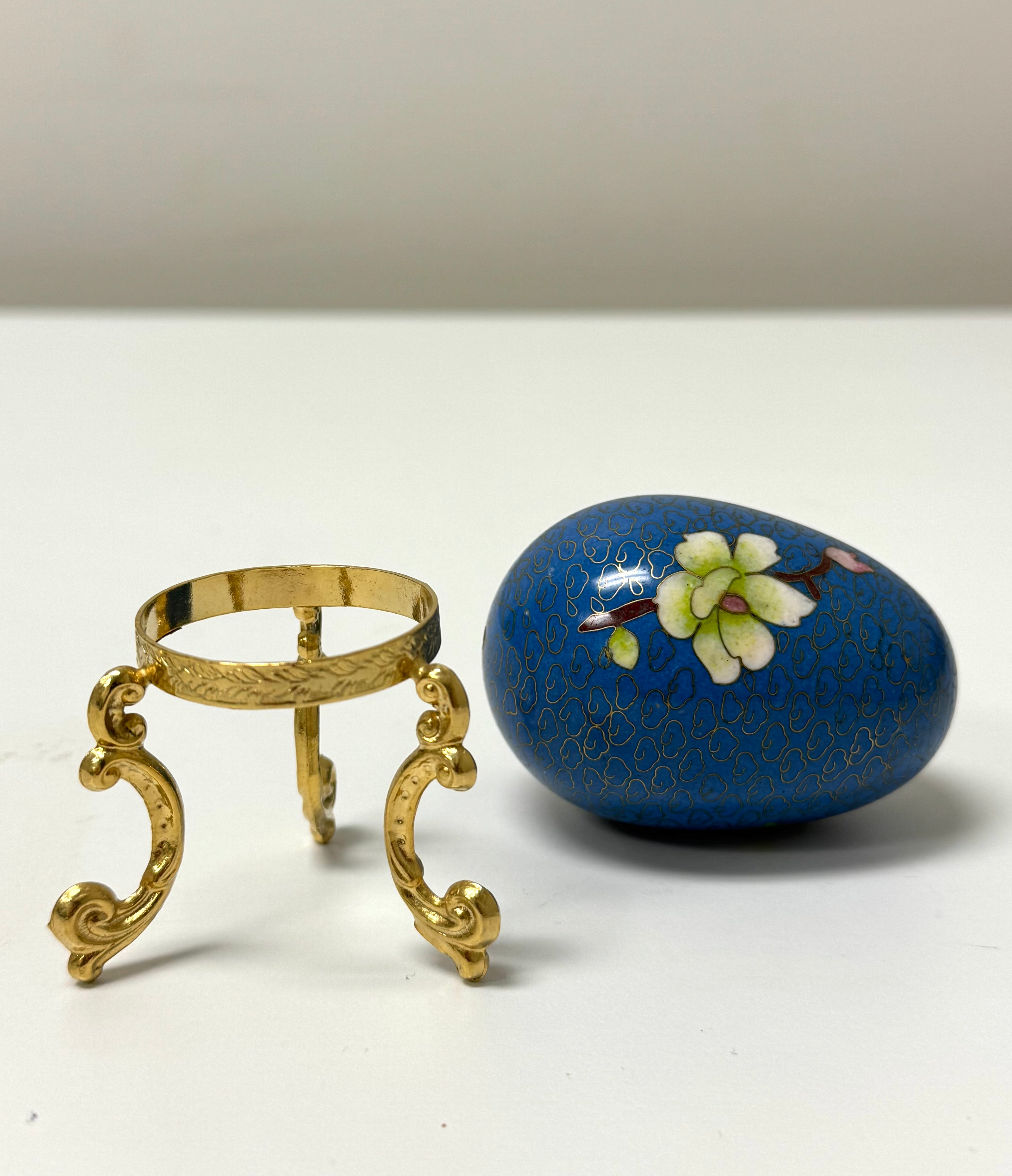 Sky Blue Floral Cloisonne Egg with Gold Stand