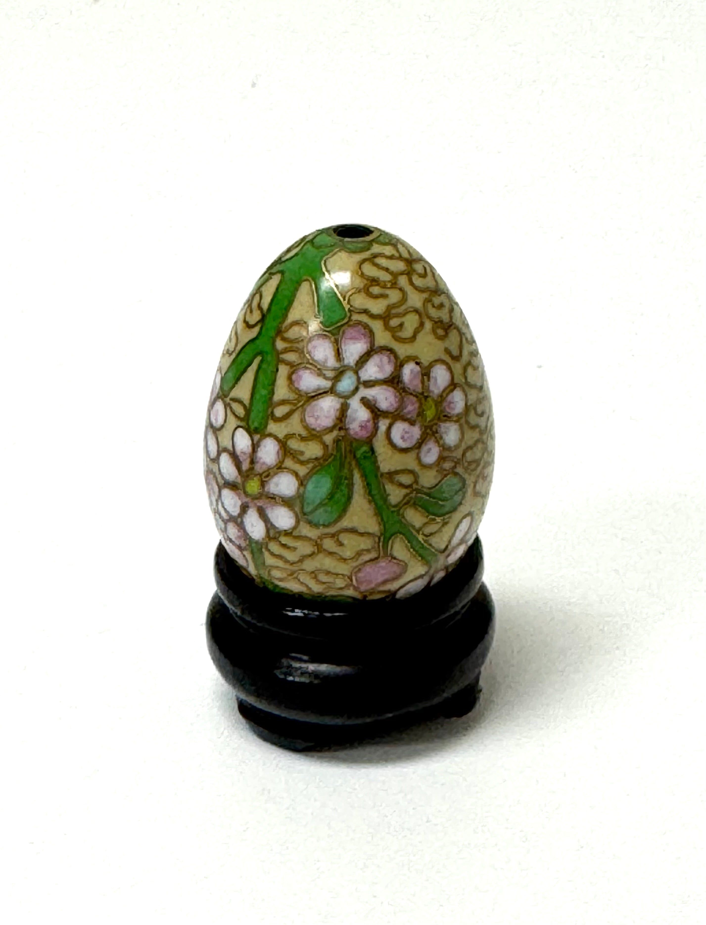 Pink Floral Cloisonne Egg on Wood Base