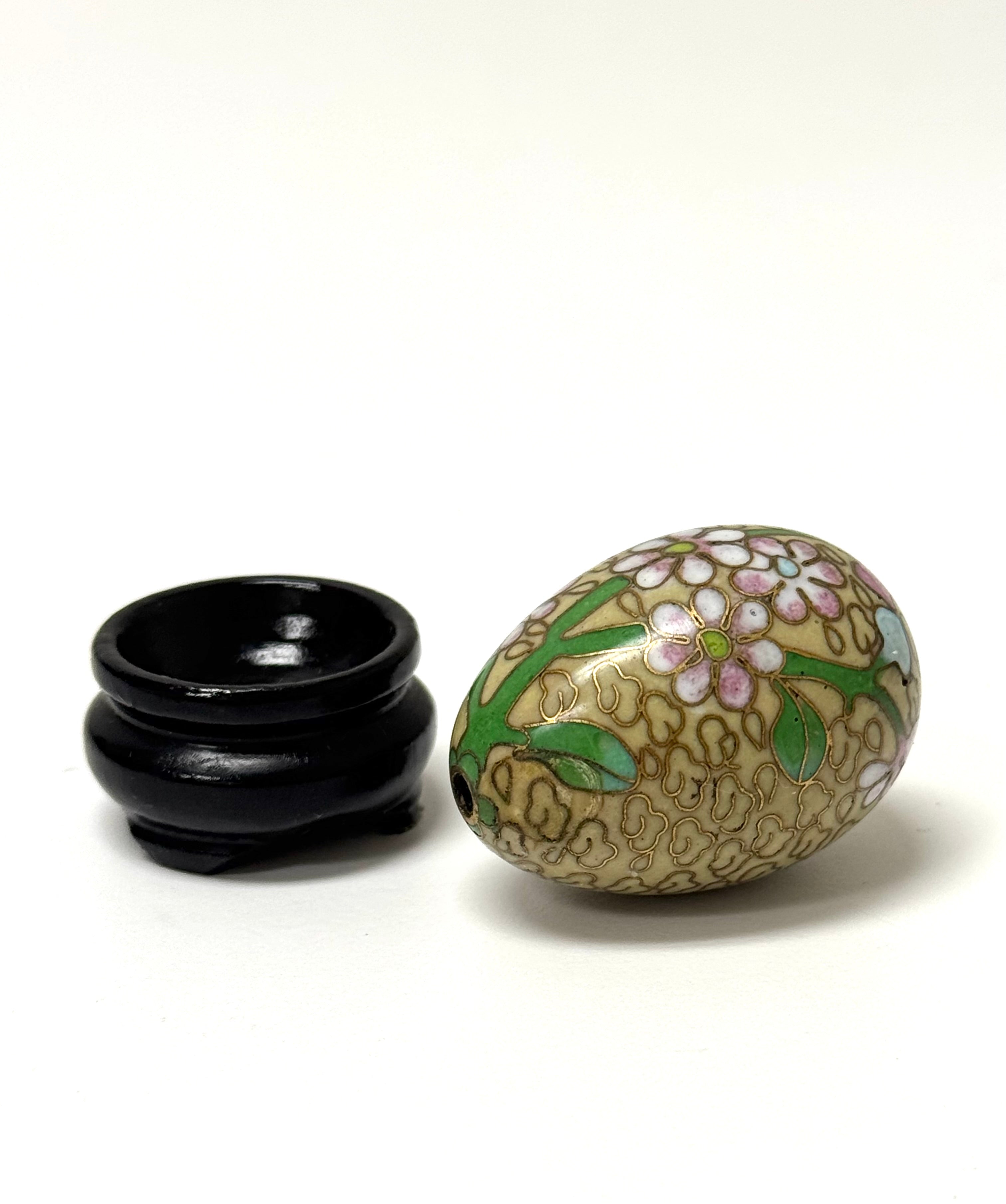 Pink Floral Cloisonne Egg on Wood Base