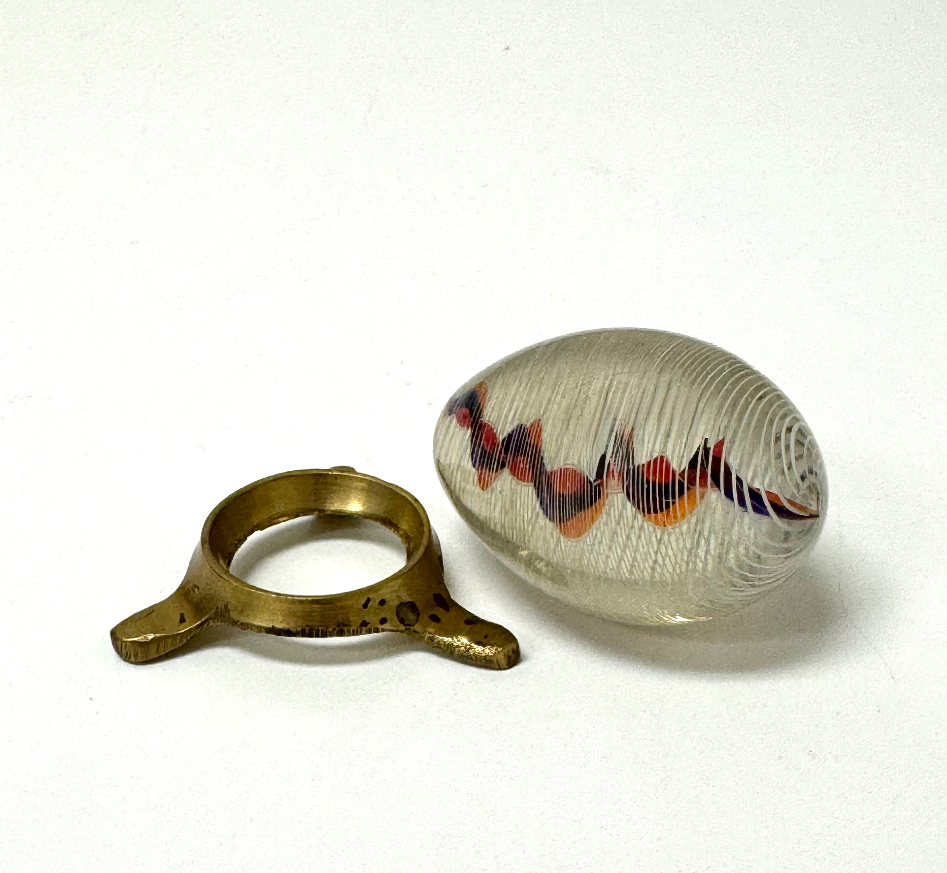 Vintage Art Glass Latticinio Swirl Egg on Brass Base