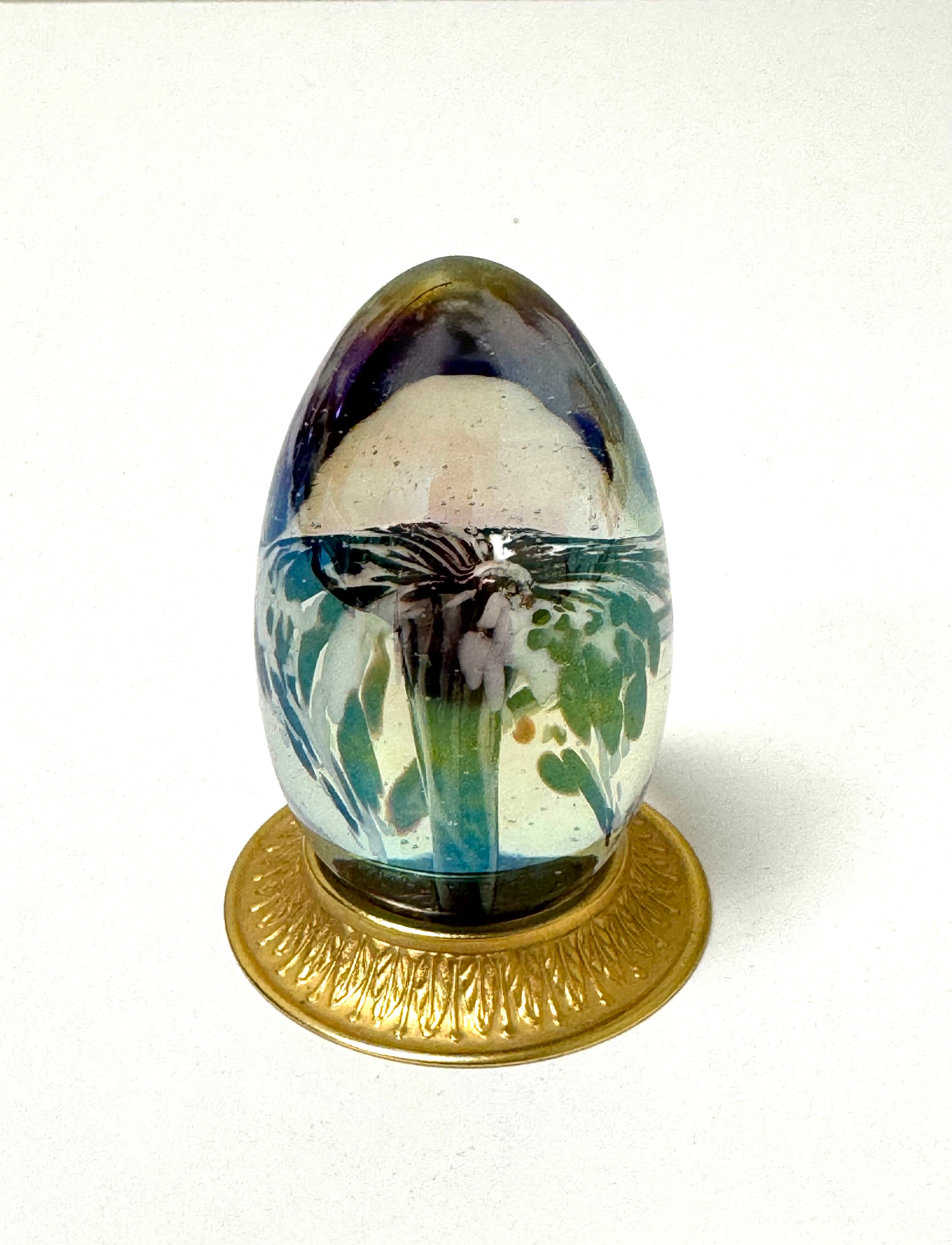 Vintage Irisdescent Glass Egg with Encased Flower on Gold Base