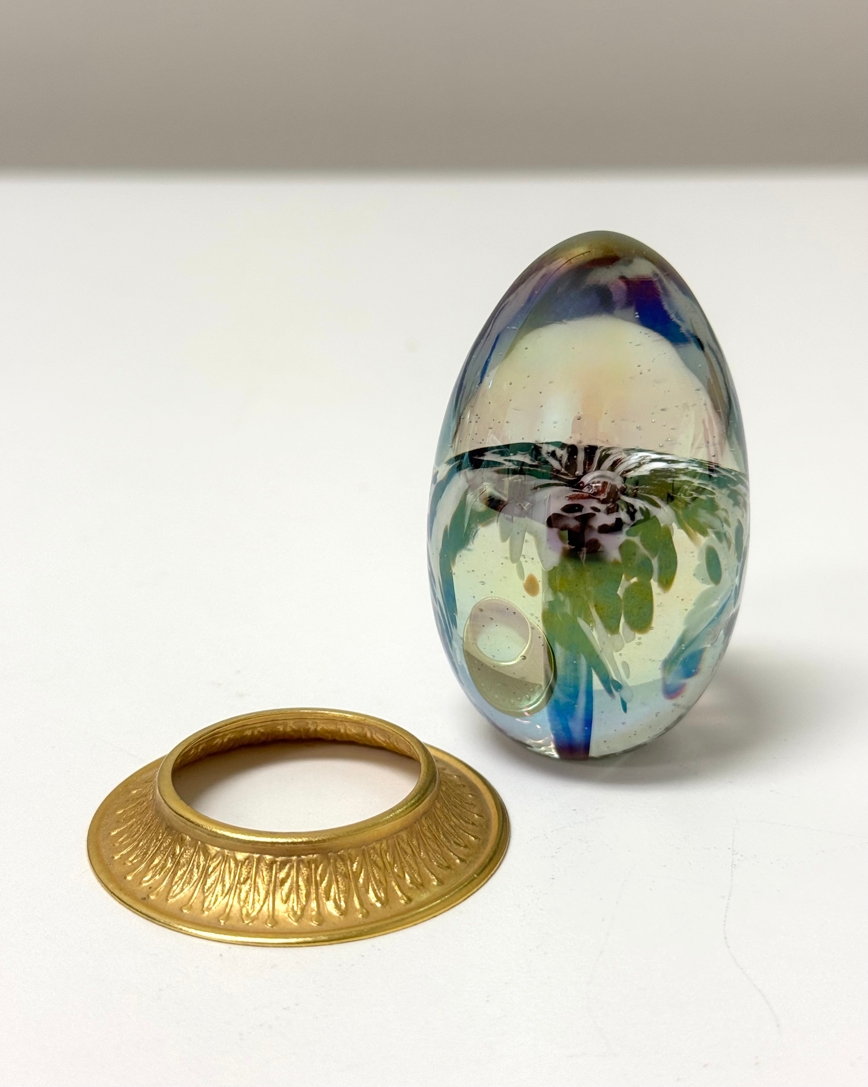 Vintage Irisdescent Glass Egg with Encased Flower on Gold Base