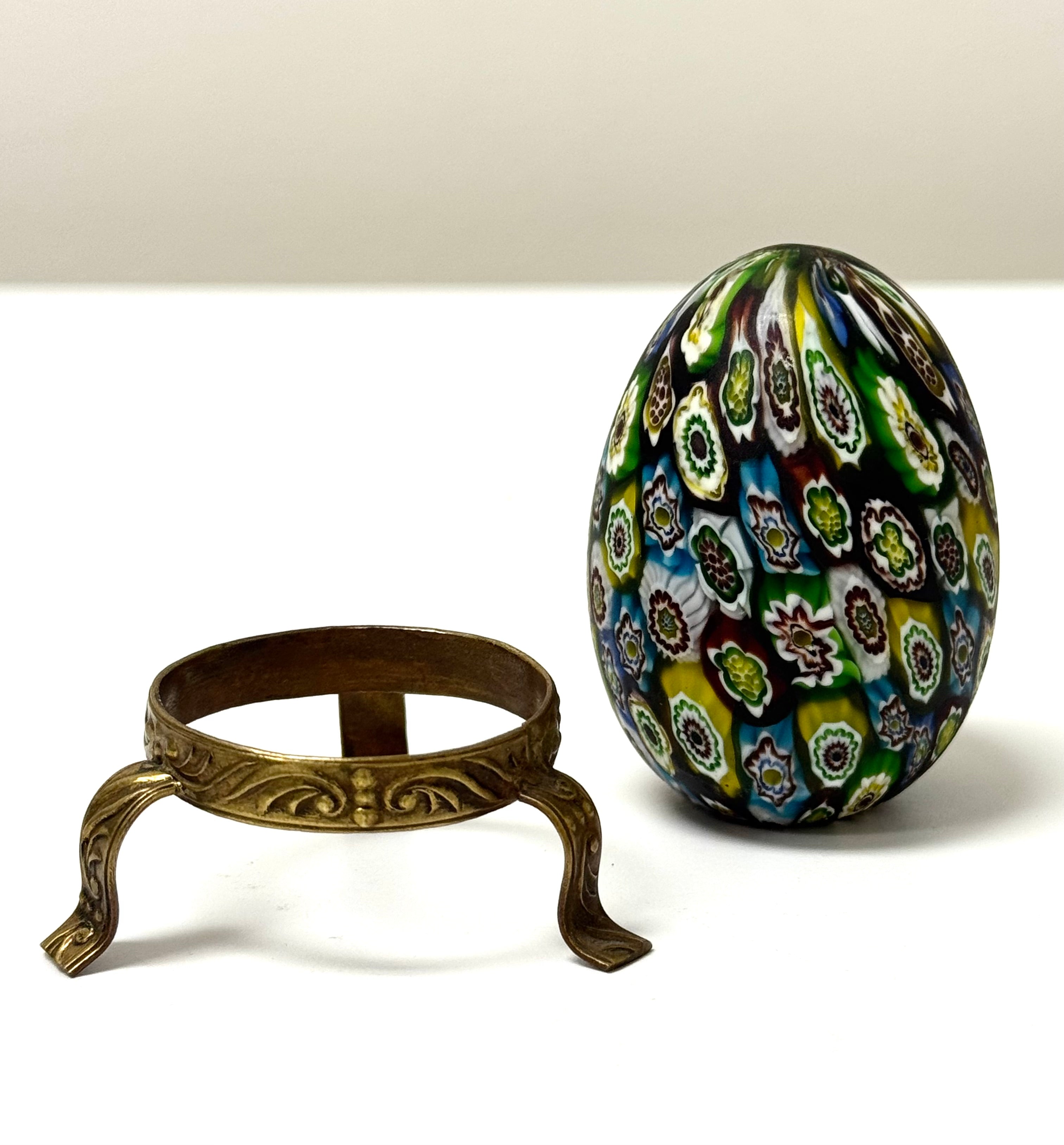 Millefiori Satin Glass Egg with Brass Stand