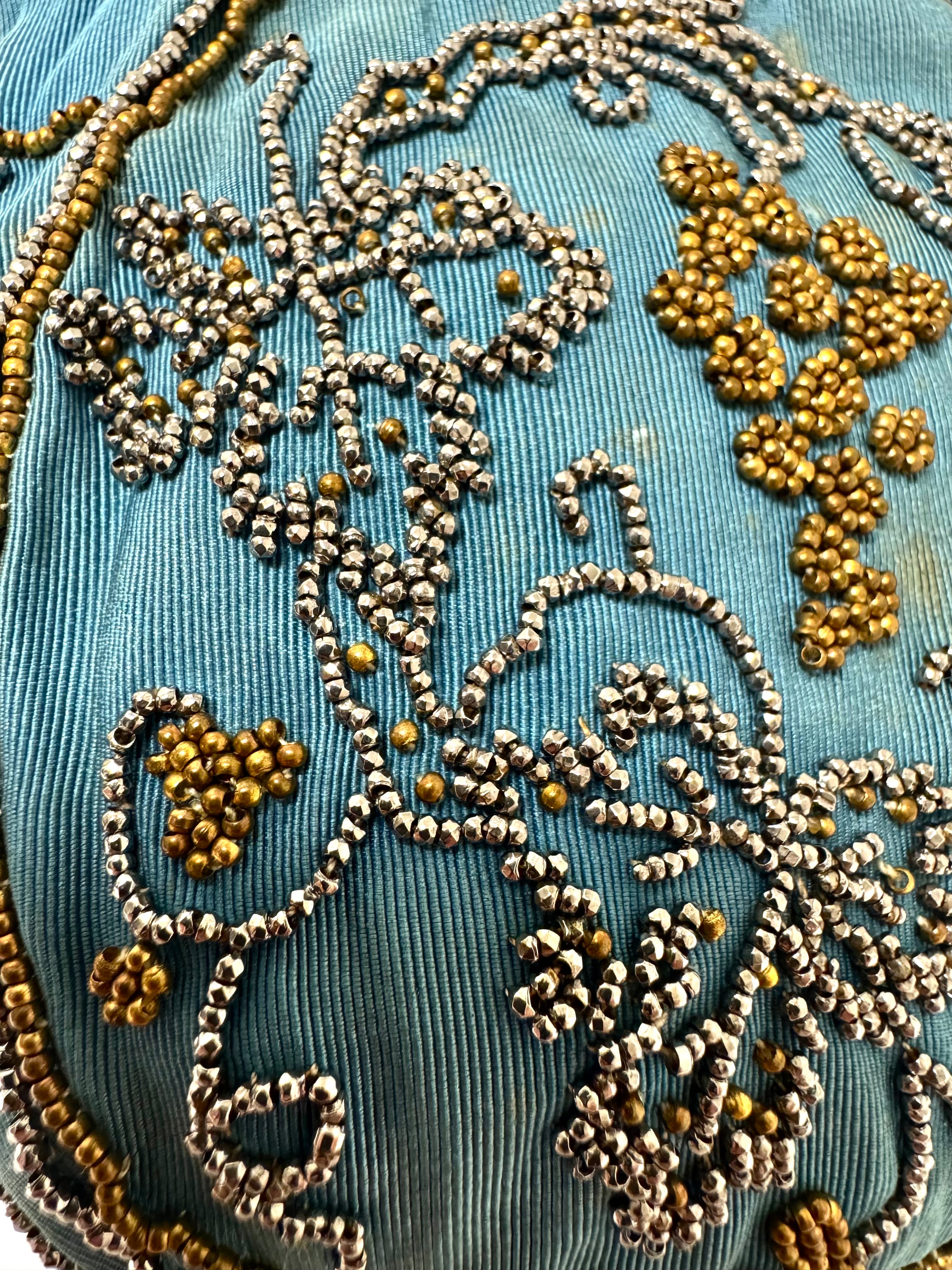 Vintage Blue Silk Beaded Pouch