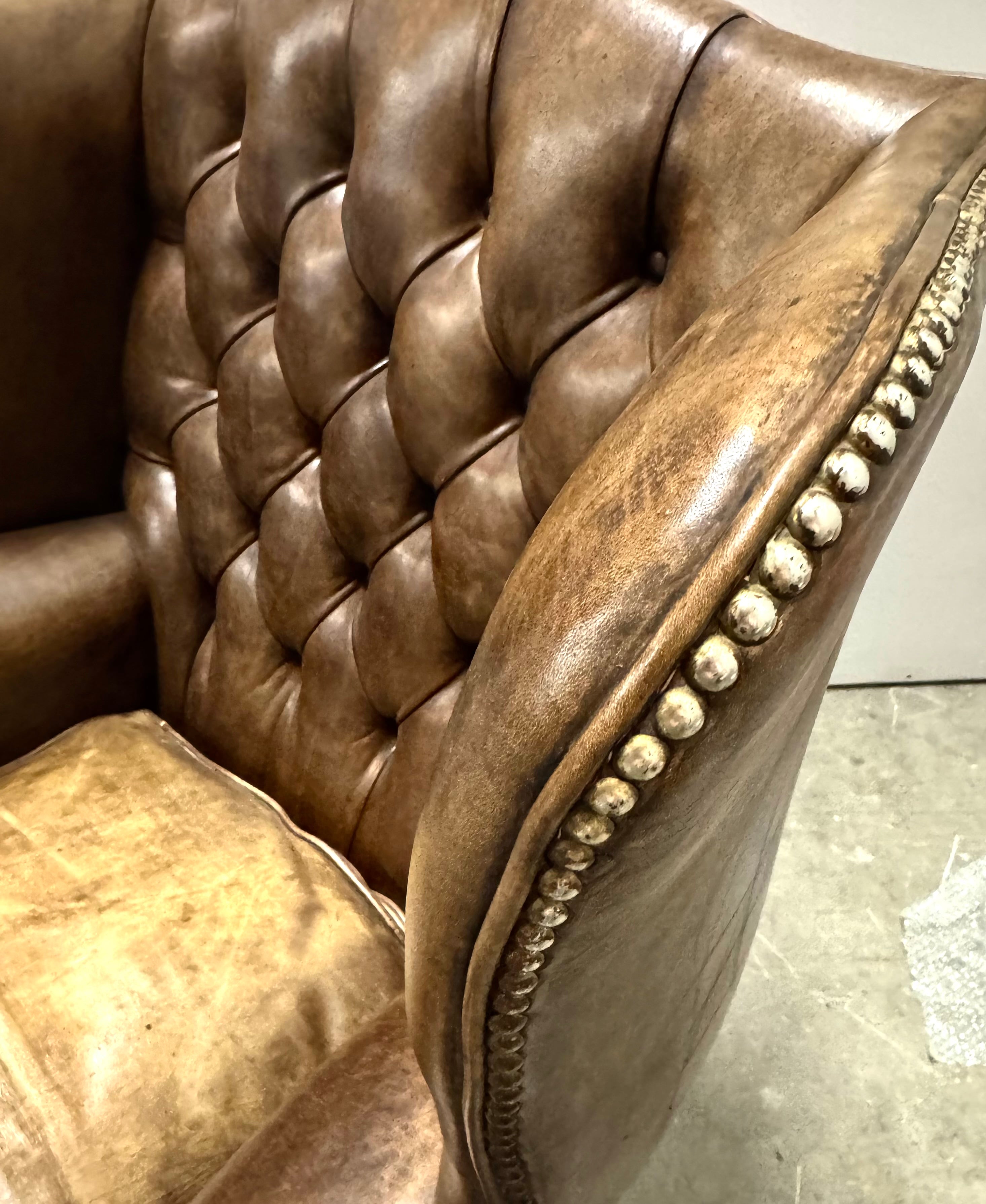 Antique Leather Chesterfield Wing Chair c1800s