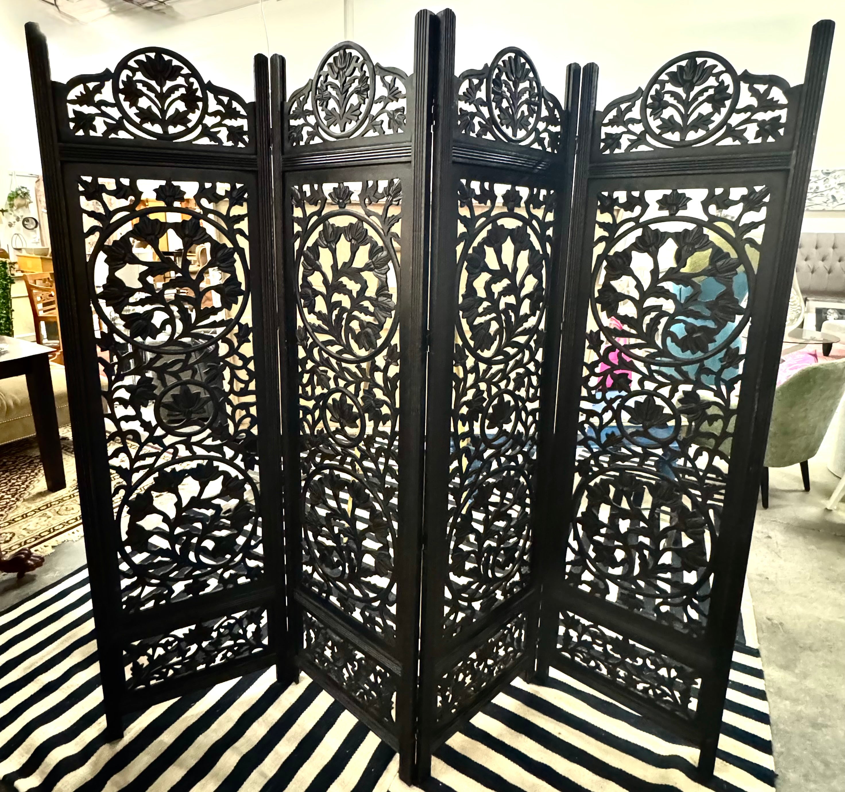 Carved Floral Room Divider Screen