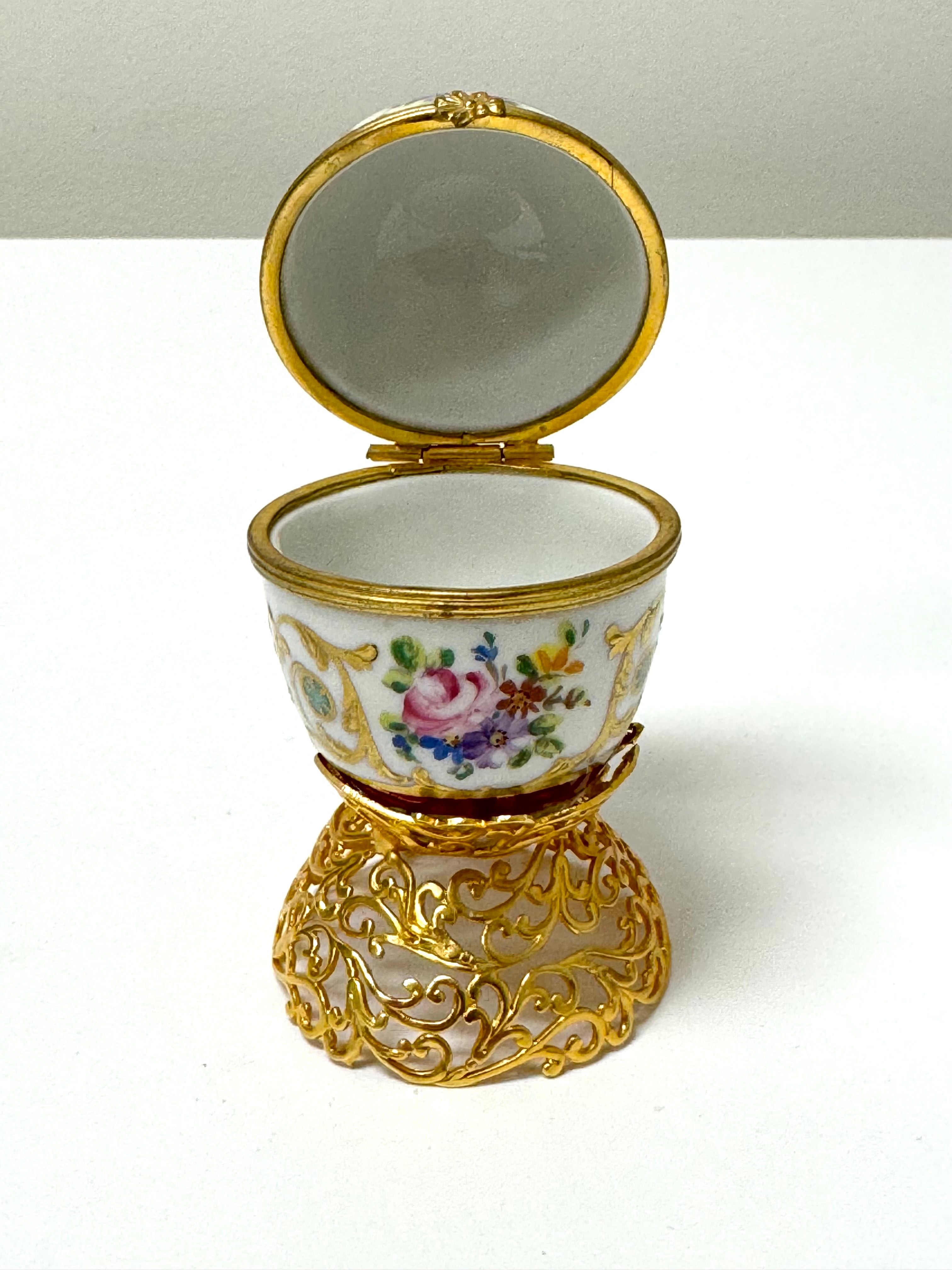 LIMOGES Floral Hinged Egg on Gold Filigree Base