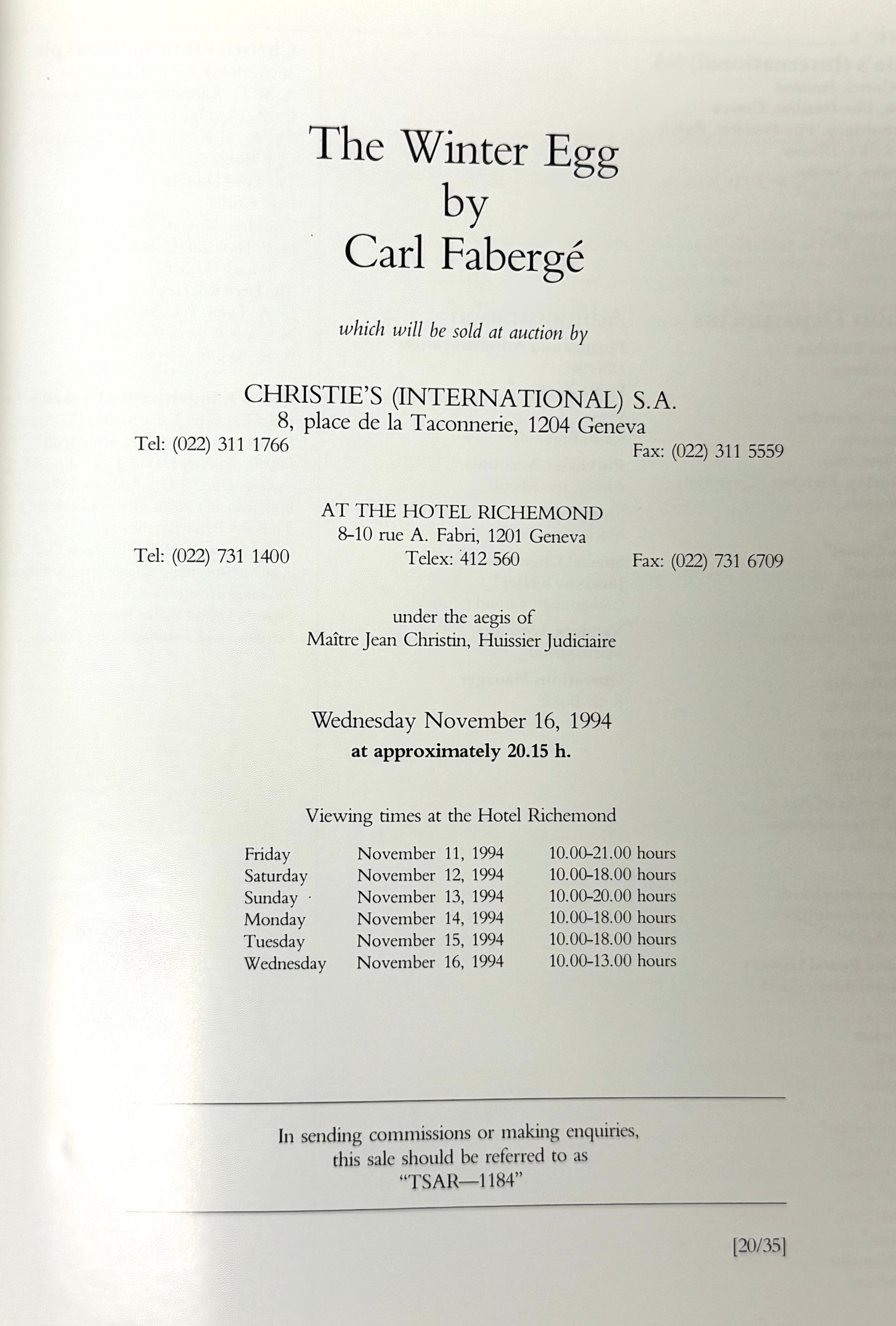 'The Winter Egg by Carl Faberge' Auction Catalogue Softcover