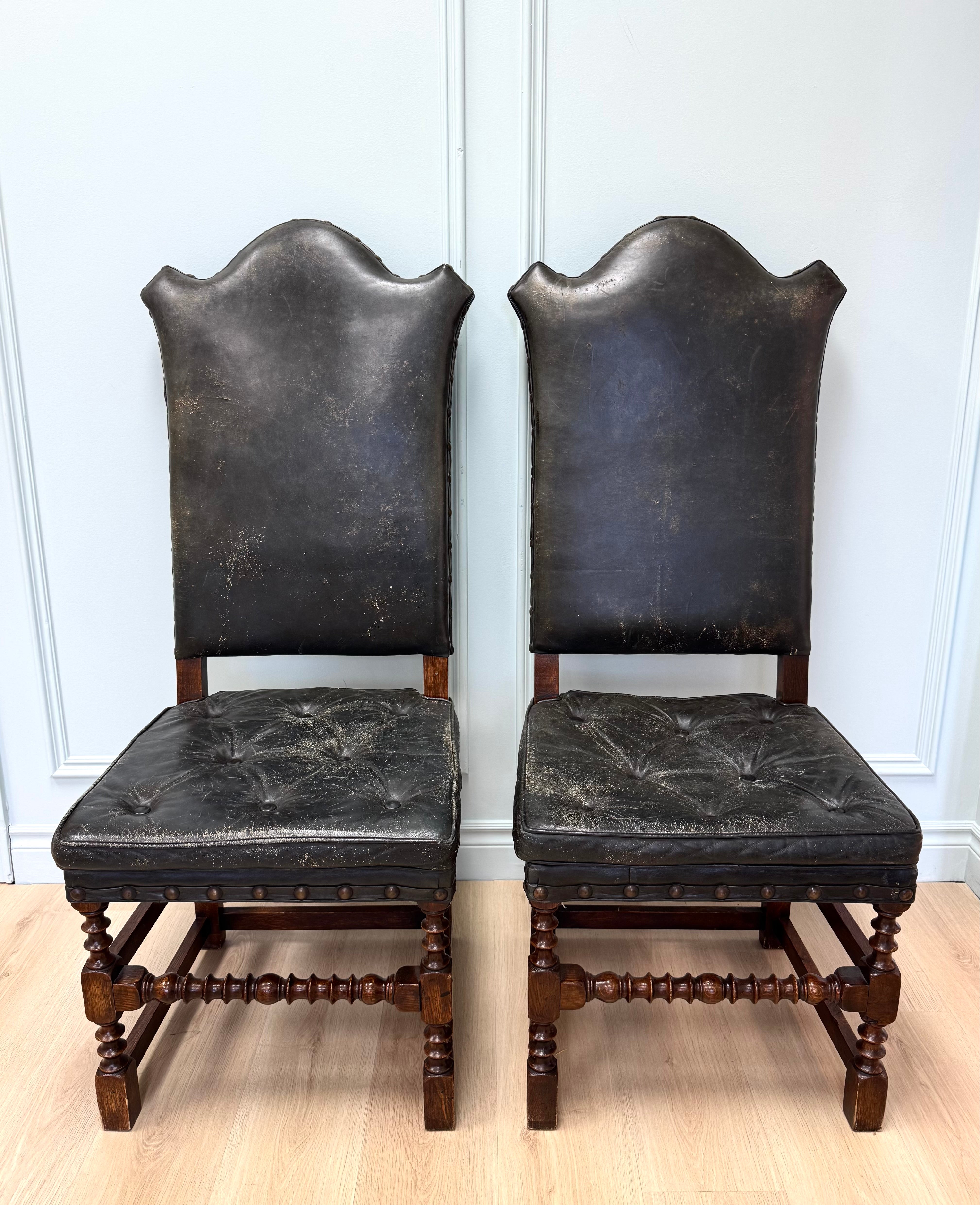 Antique 19thC Spanish High-back Chairs Set of 2