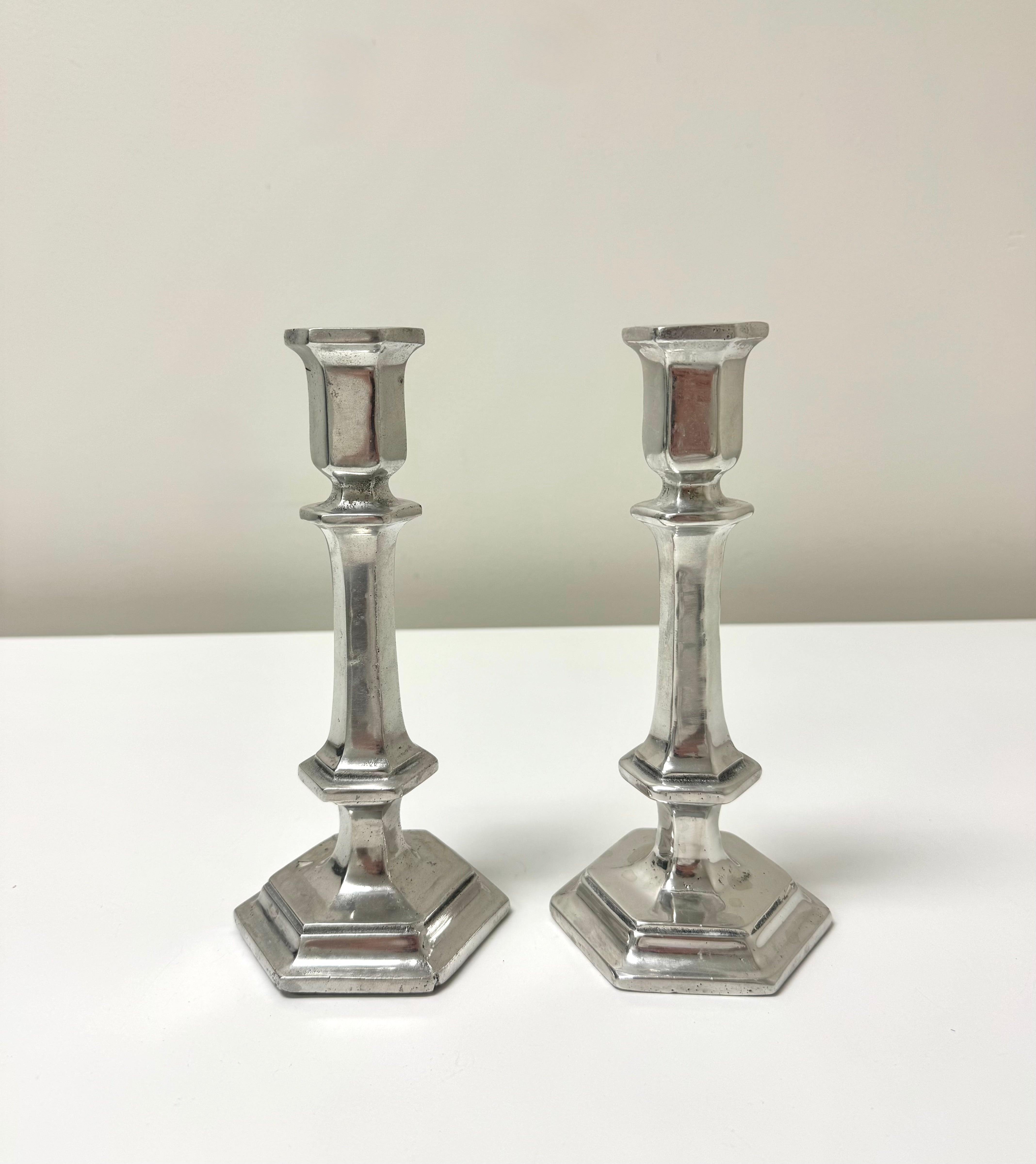 Vintage Hexagonal Stepped Aluminum Candle Holders Set of 2