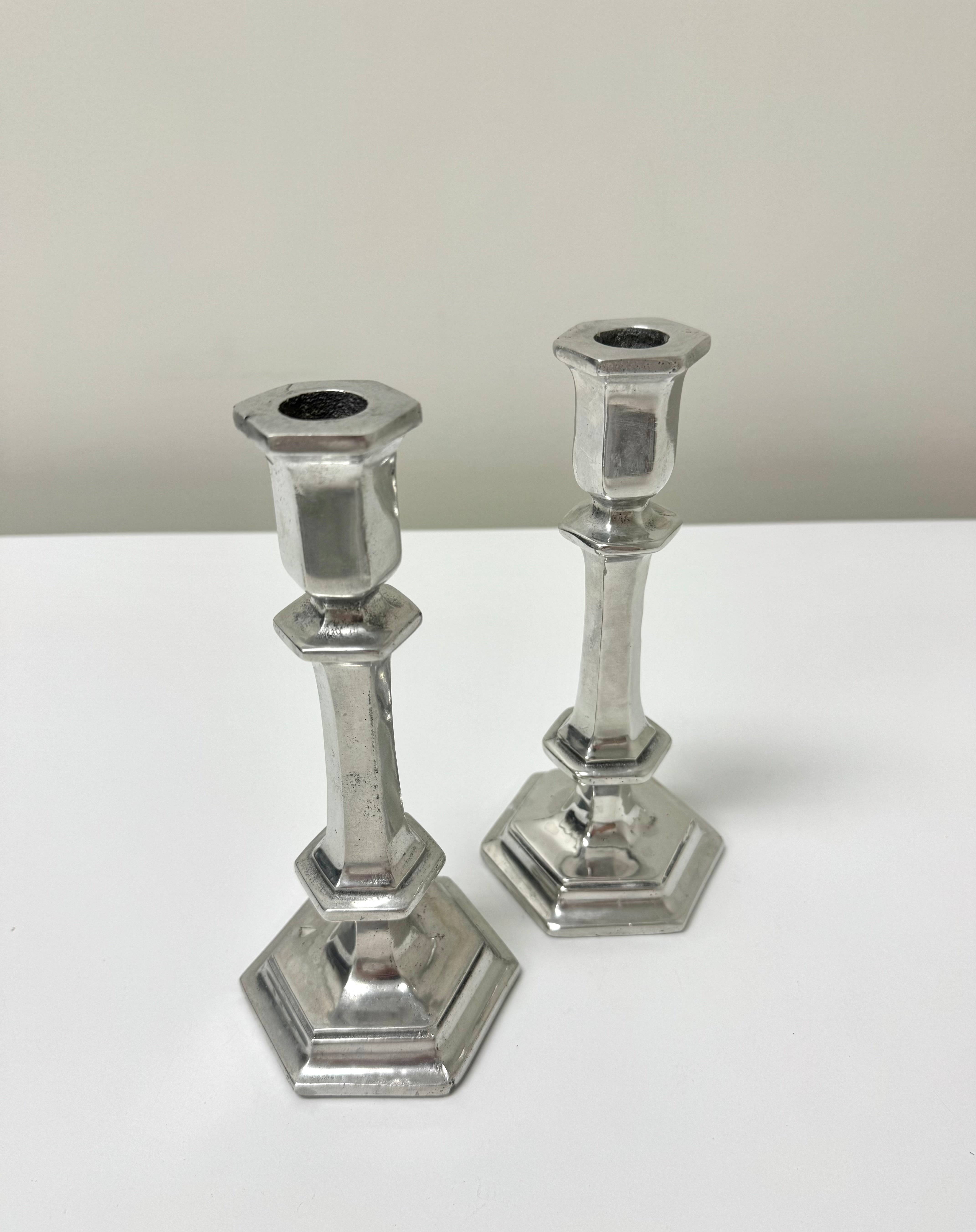 Vintage Hexagonal Stepped Aluminum Candle Holders Set of 2