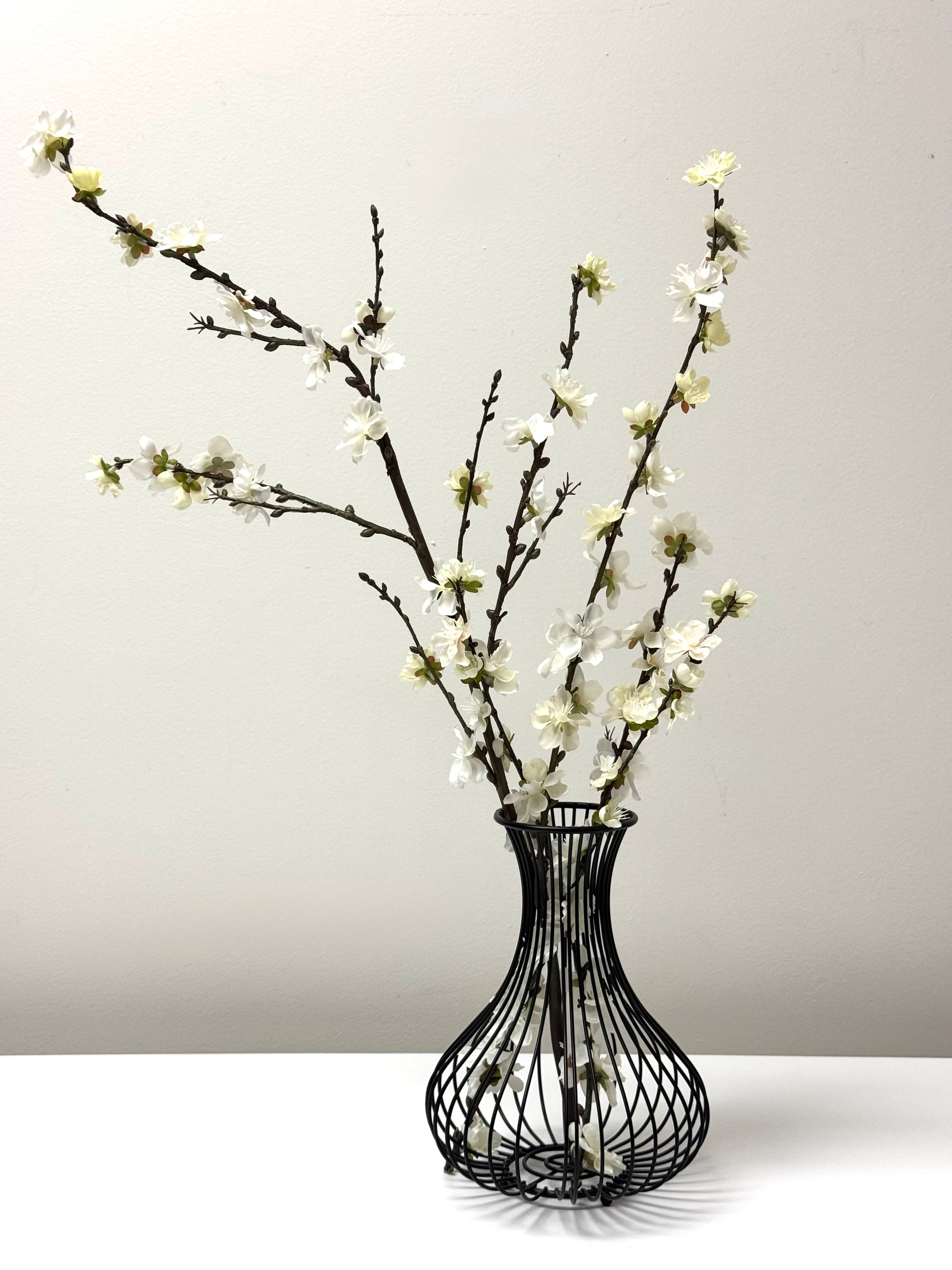 Black Wire Vase with White Cherry Blossoms