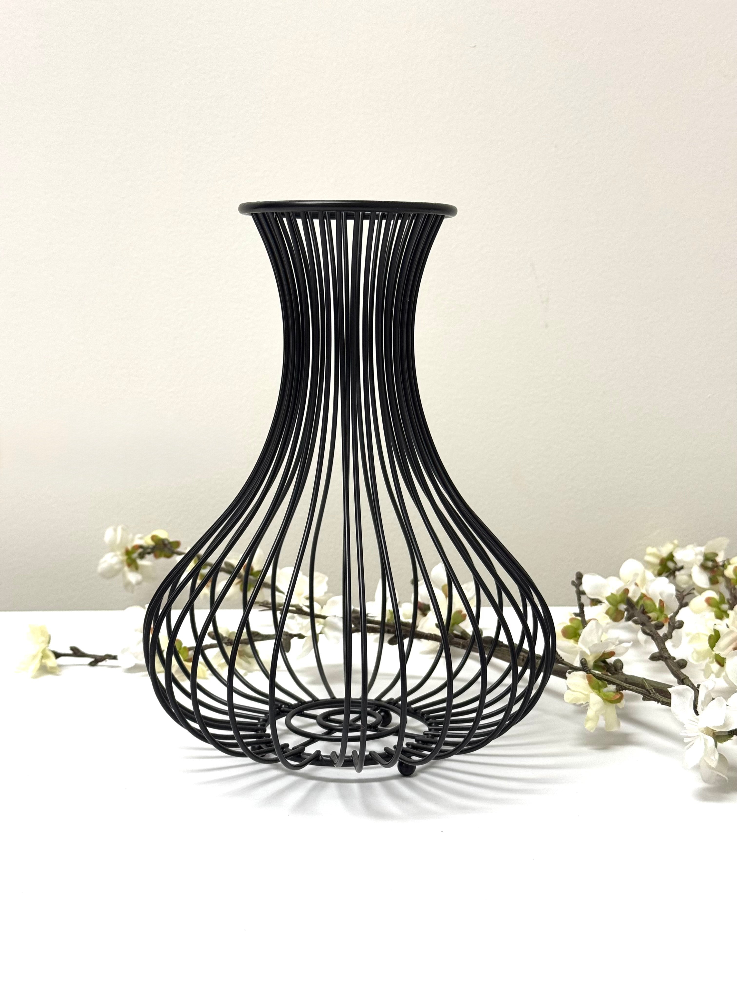 Black Wire Vase with White Cherry Blossoms