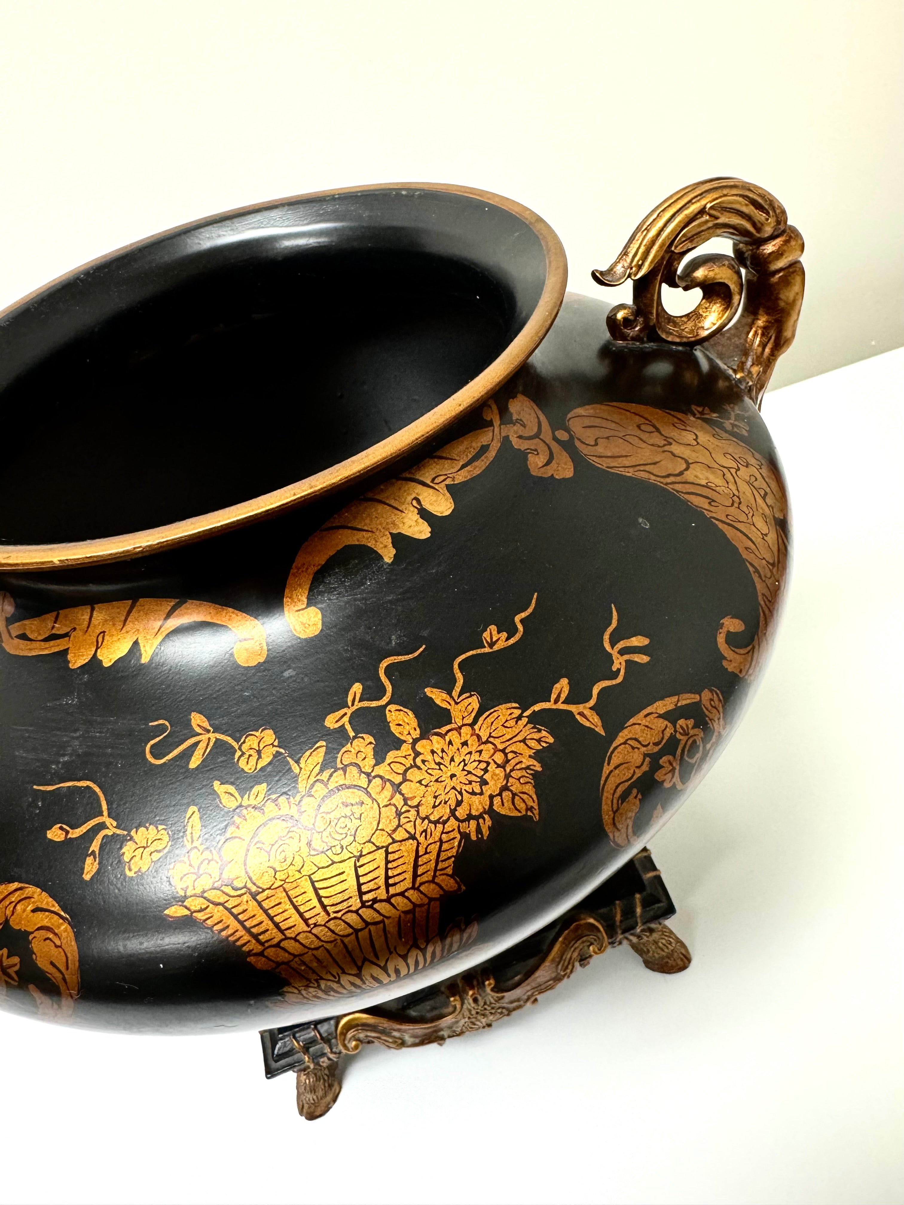 Black Metal & Bronze Footed Jardiniere