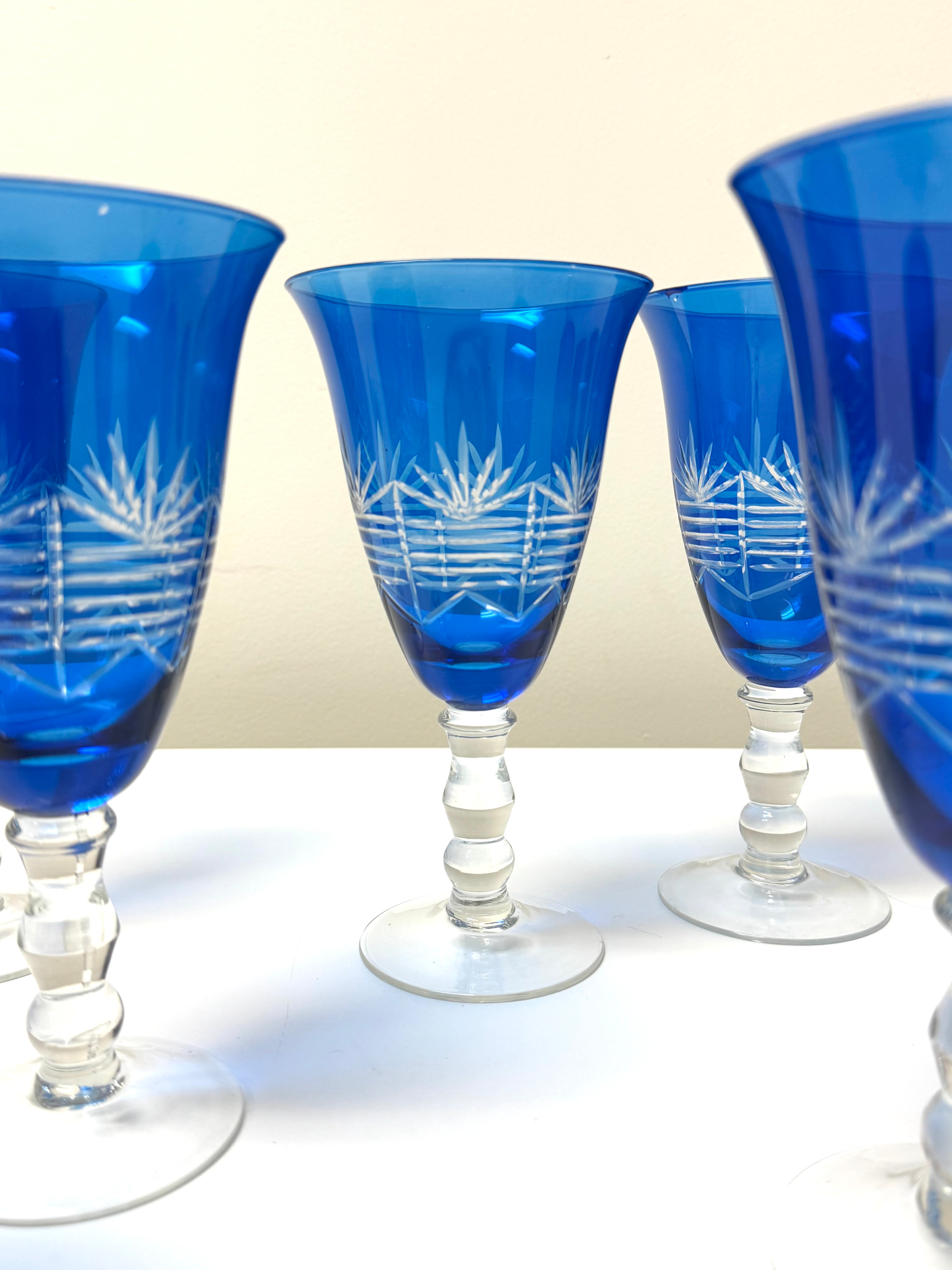 Vintage BOMBAY Cobalt Cut to Clear Goblets Set of 8