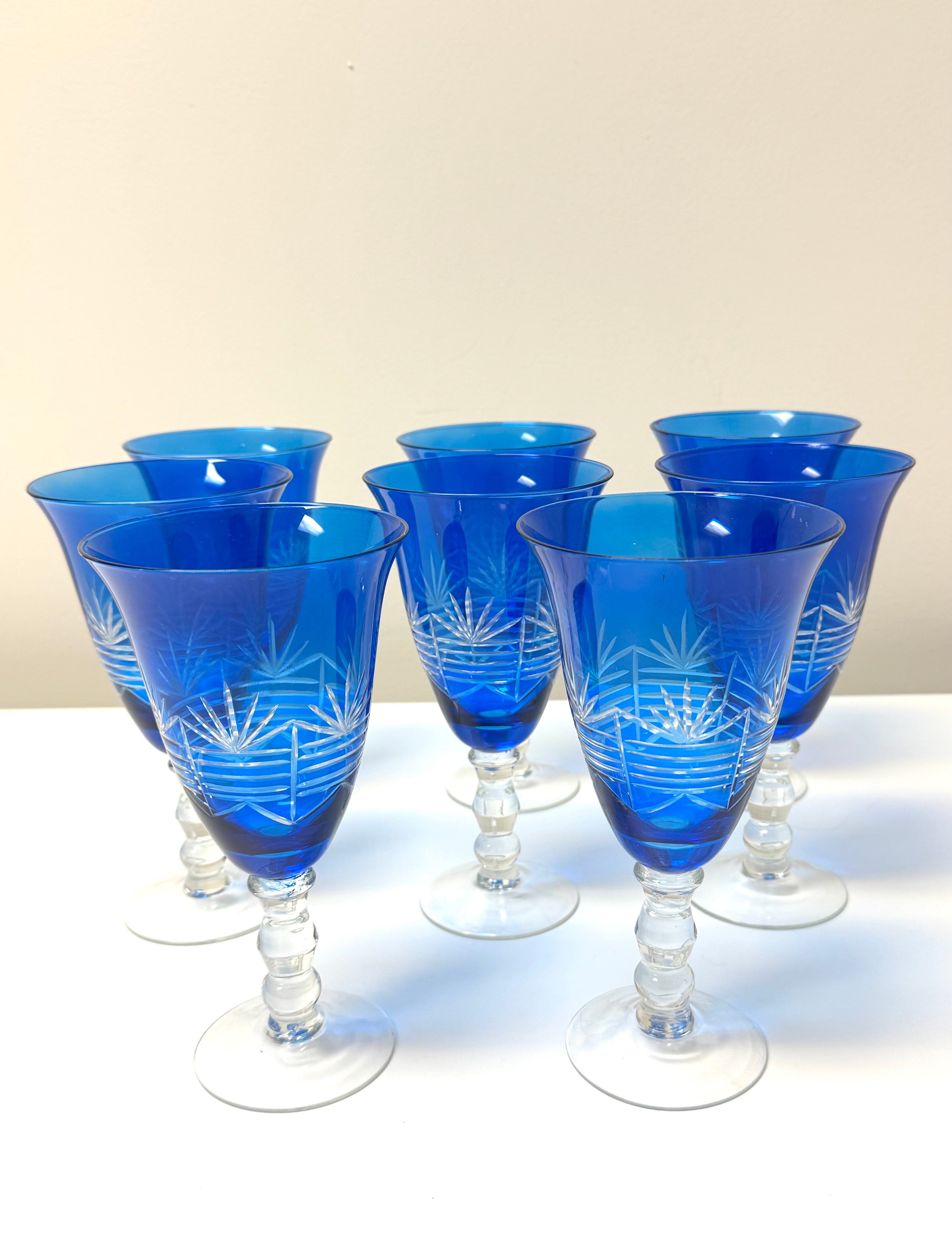 Vintage BOMBAY Cobalt Cut to Clear Goblets Set of 8