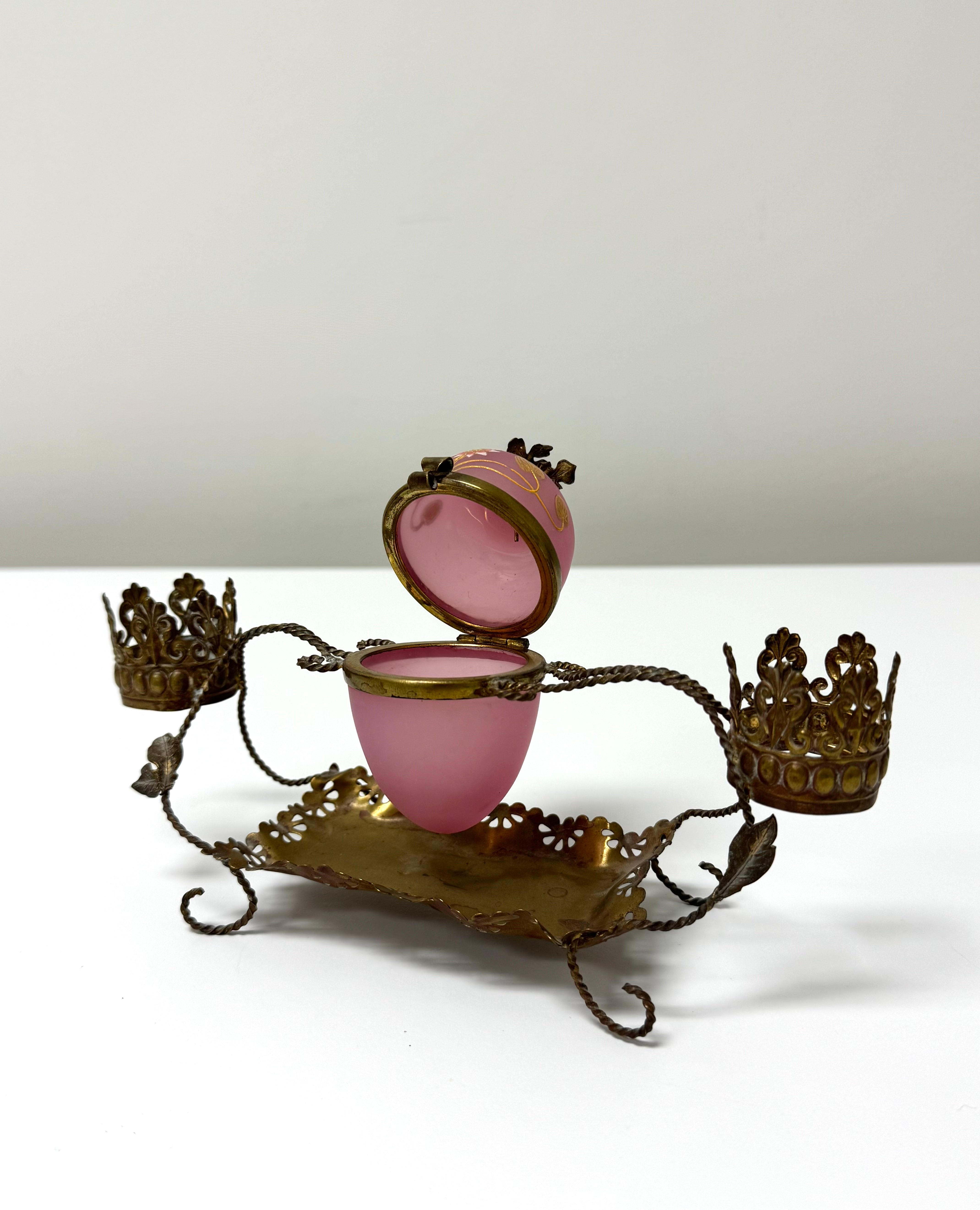 Vintage French Pink Opaline Glass Hinged Egg Casket