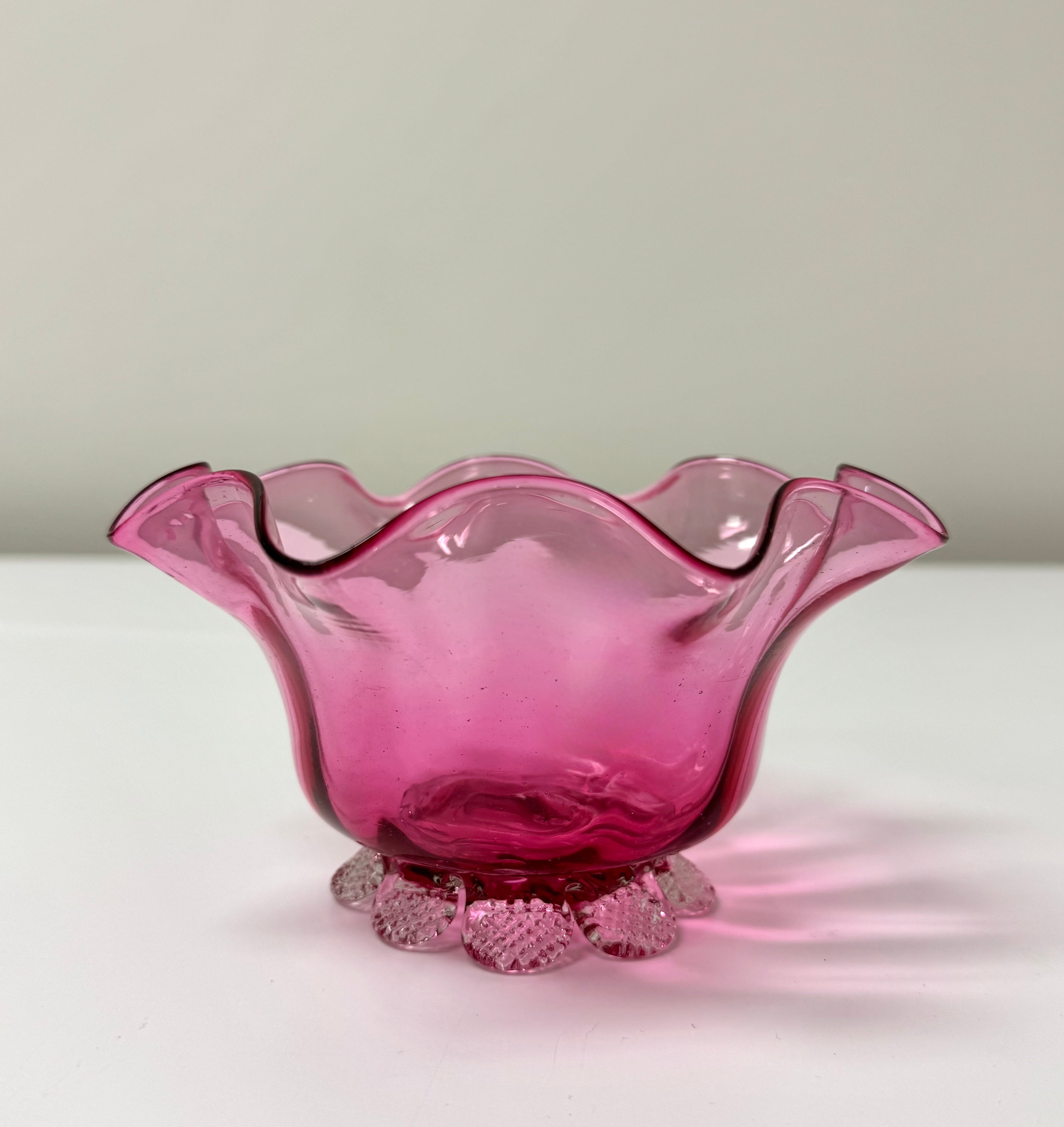 Vintage Cranberry Glass Ruffled Bowl