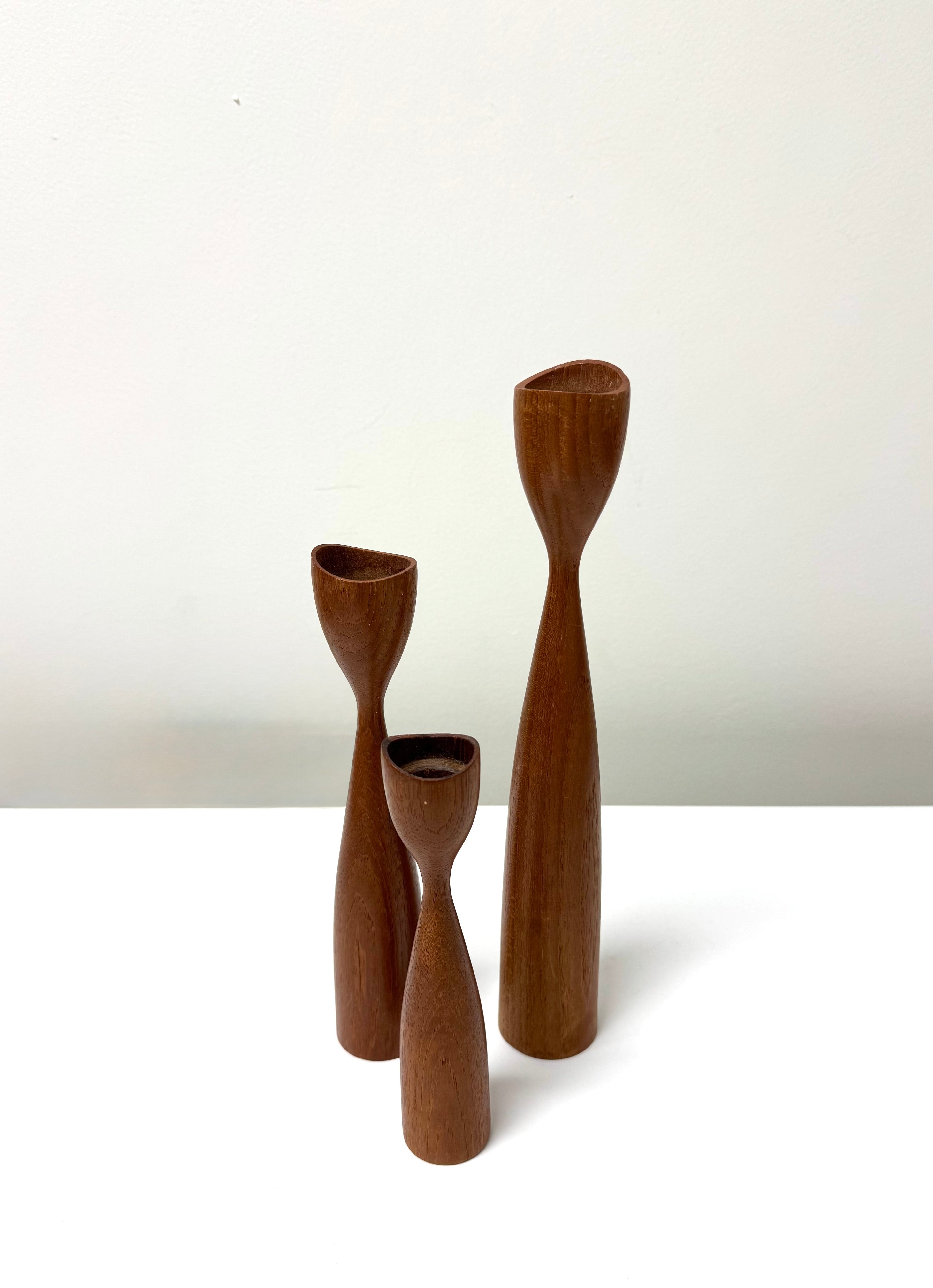 Vintage MCM Teak Candle Holders Set of 3
