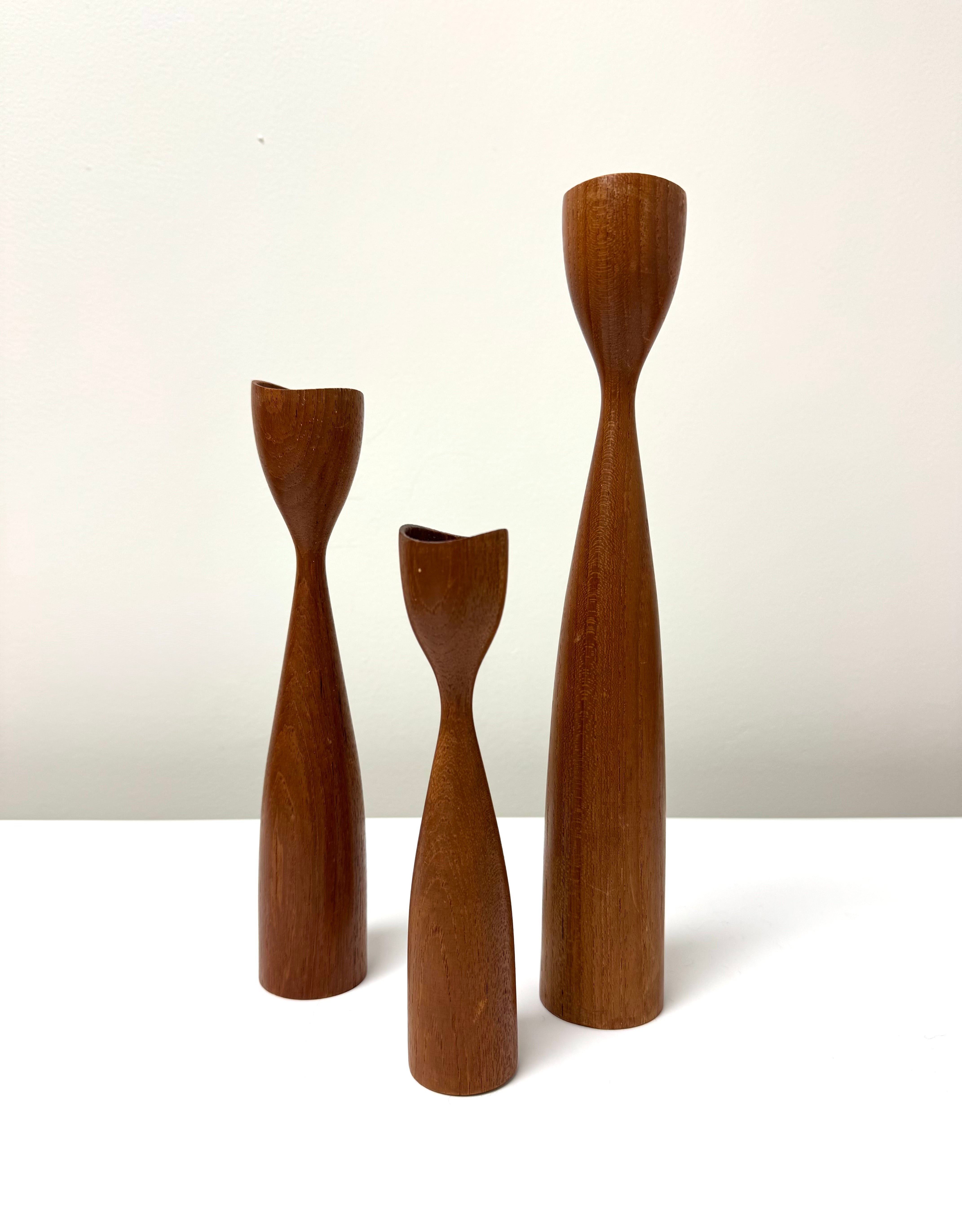 Vintage MCM Teak Candle Holders Set of 3