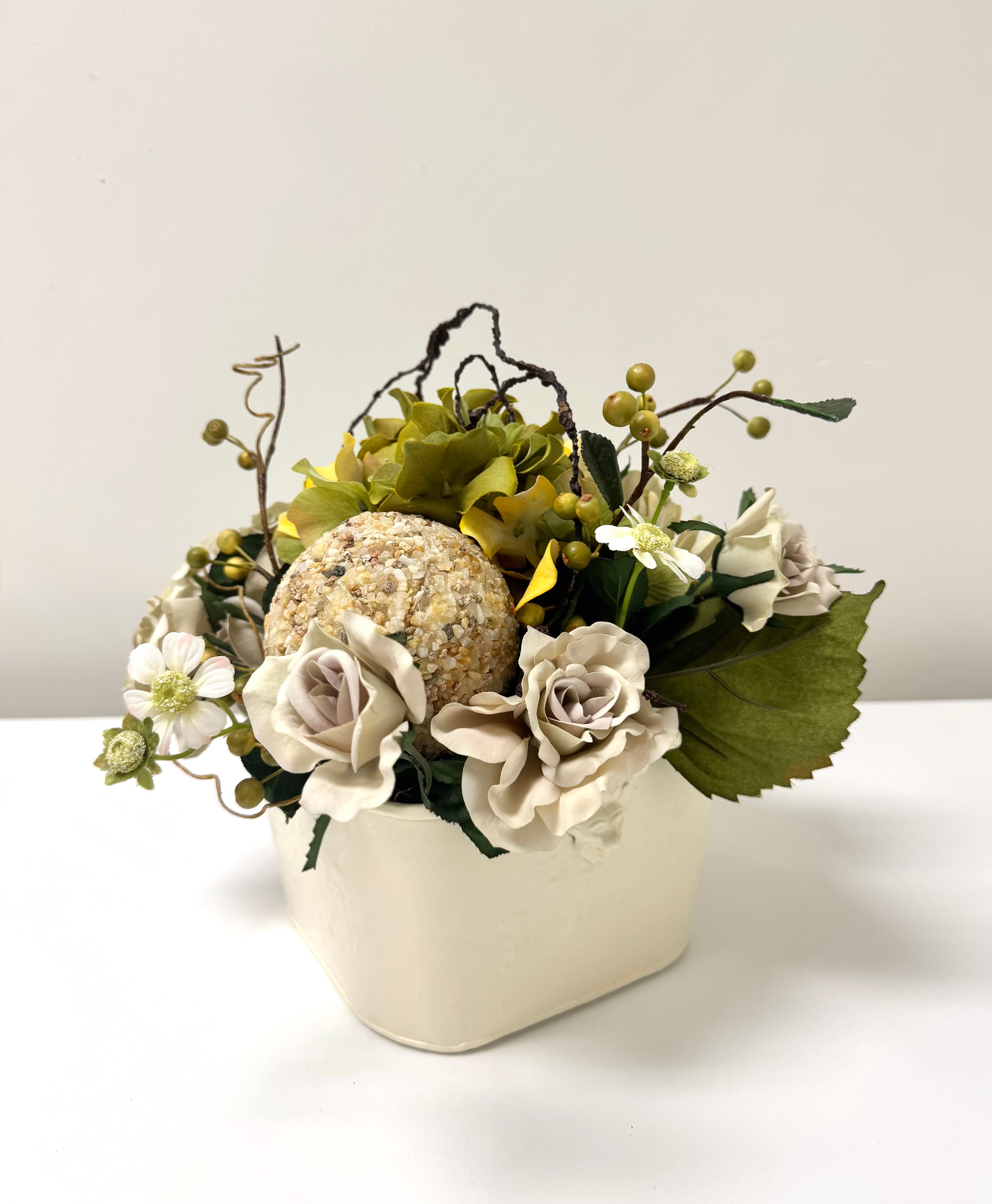 NEW Greige Roses & Hydrangea Floral Arrangement