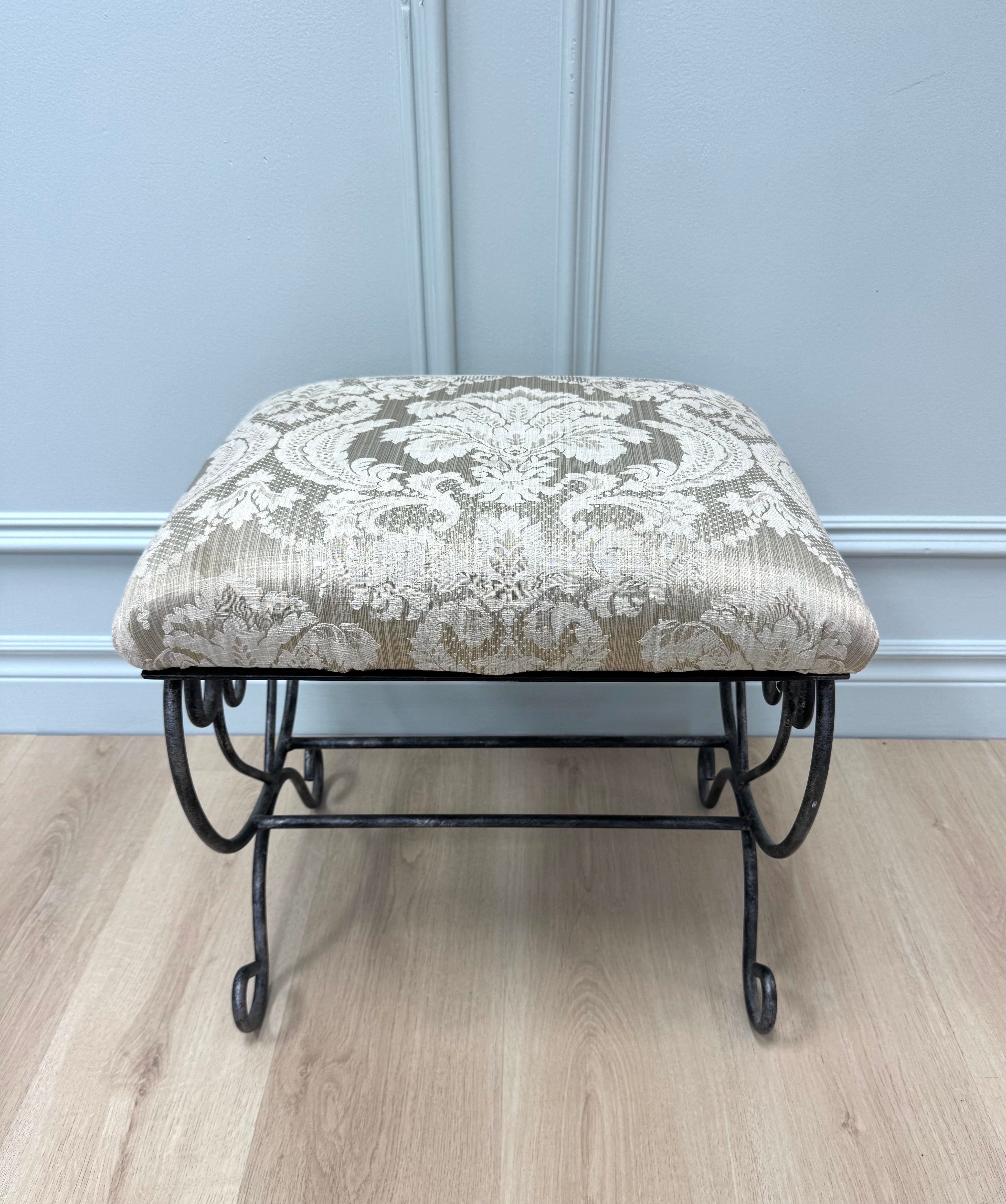 Charcoal Iron Stool with Dark Ivory Damask Seat