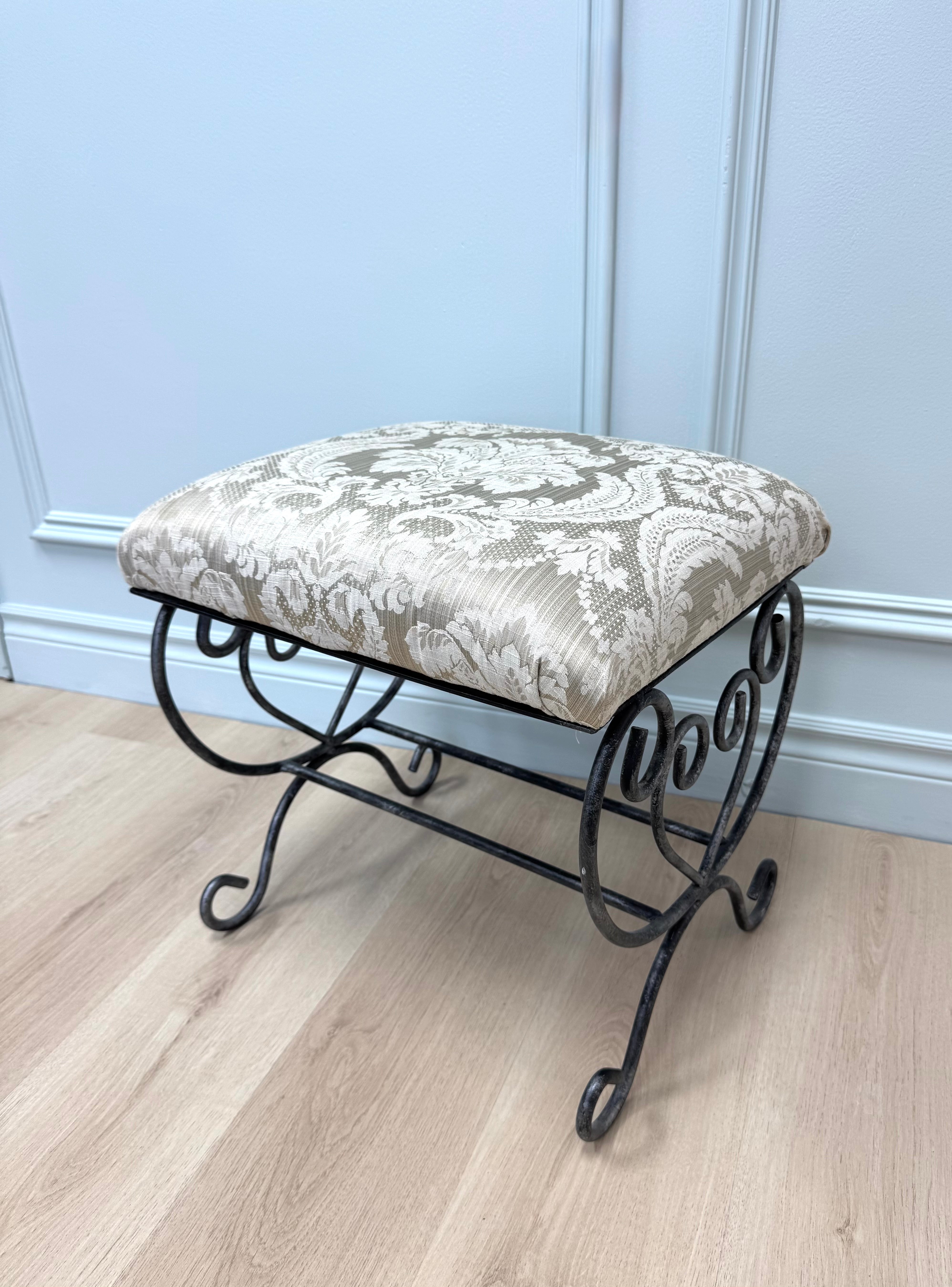 Charcoal Iron Stool with Dark Ivory Damask Seat