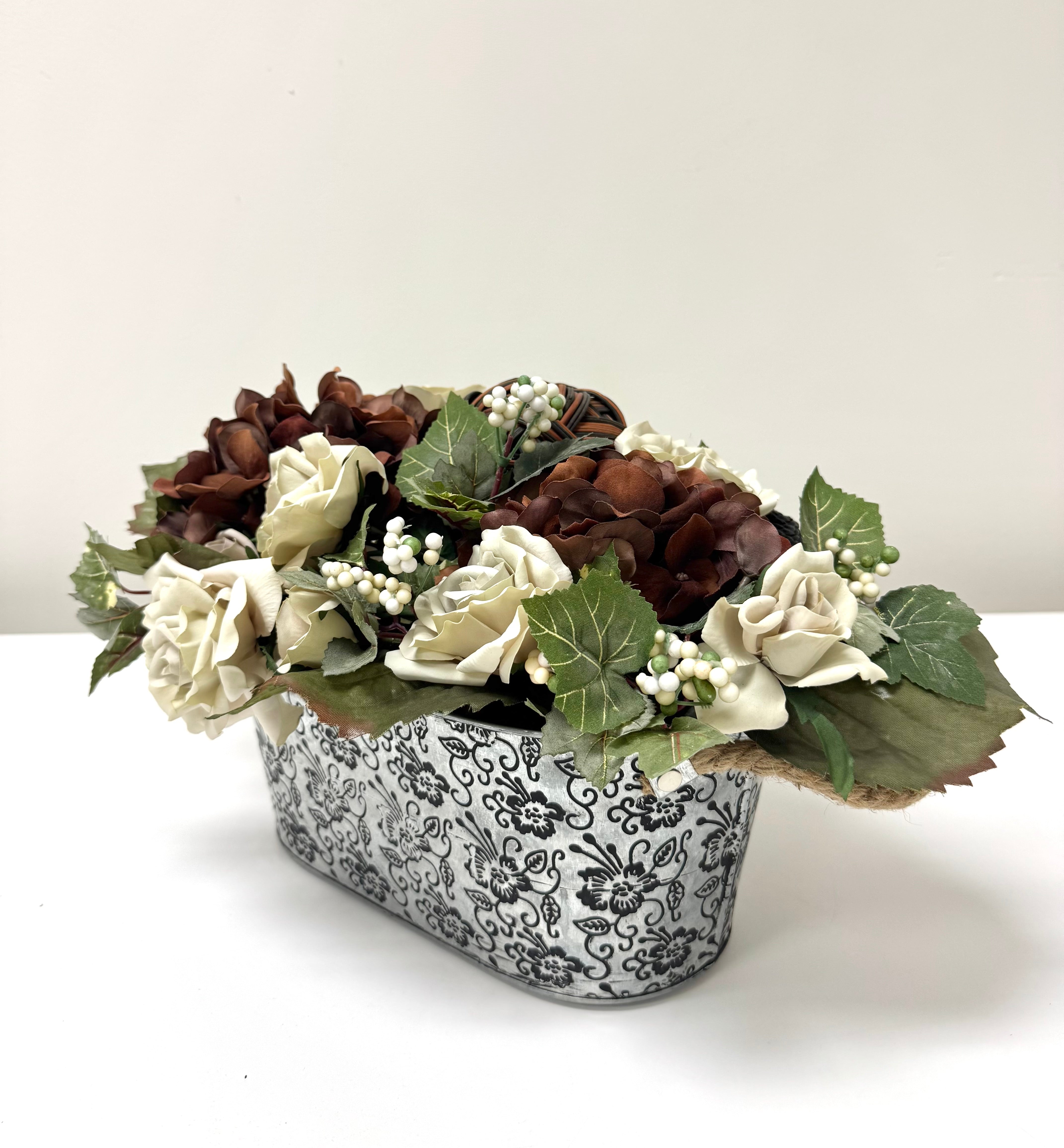 NEW Greige Roses & Brown Hydrangeas Floral Arrangement