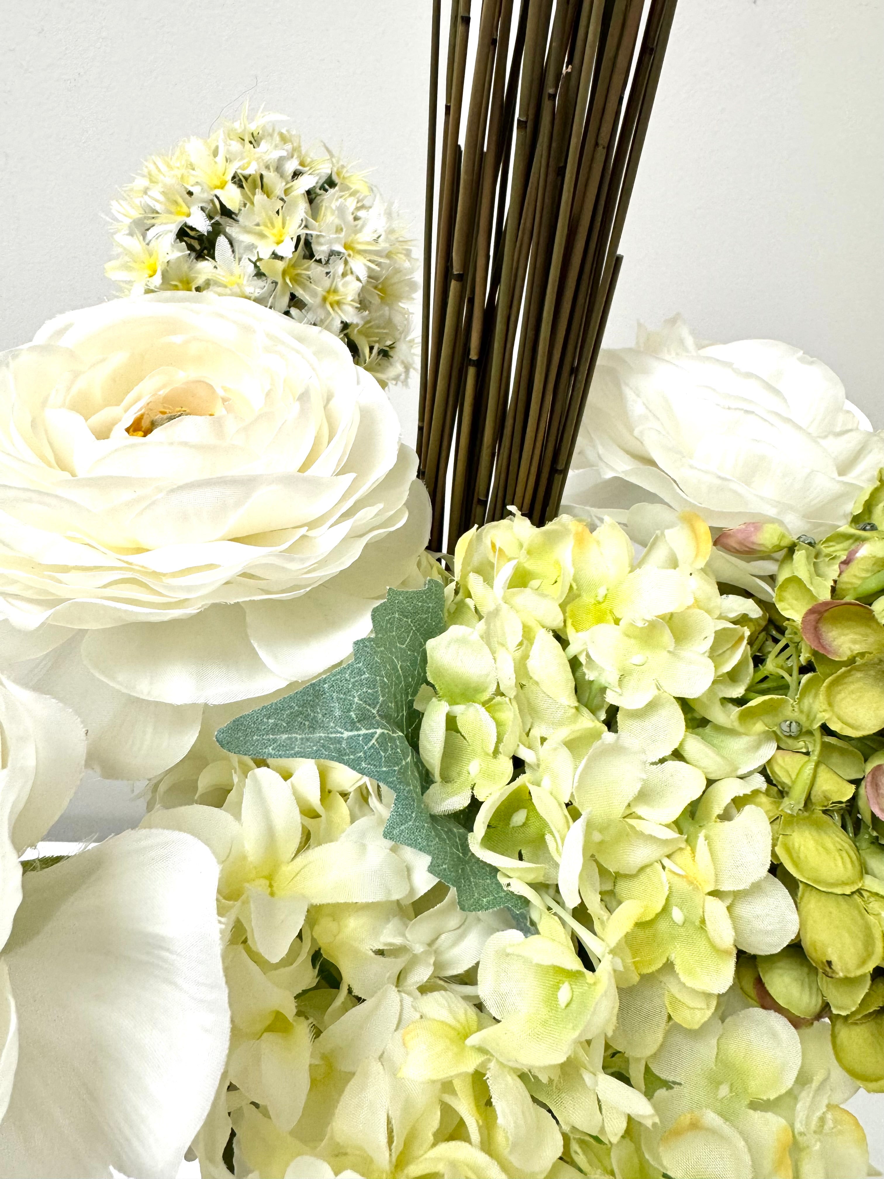 Hydrangeas & Peonies in Glass Tulip Vase