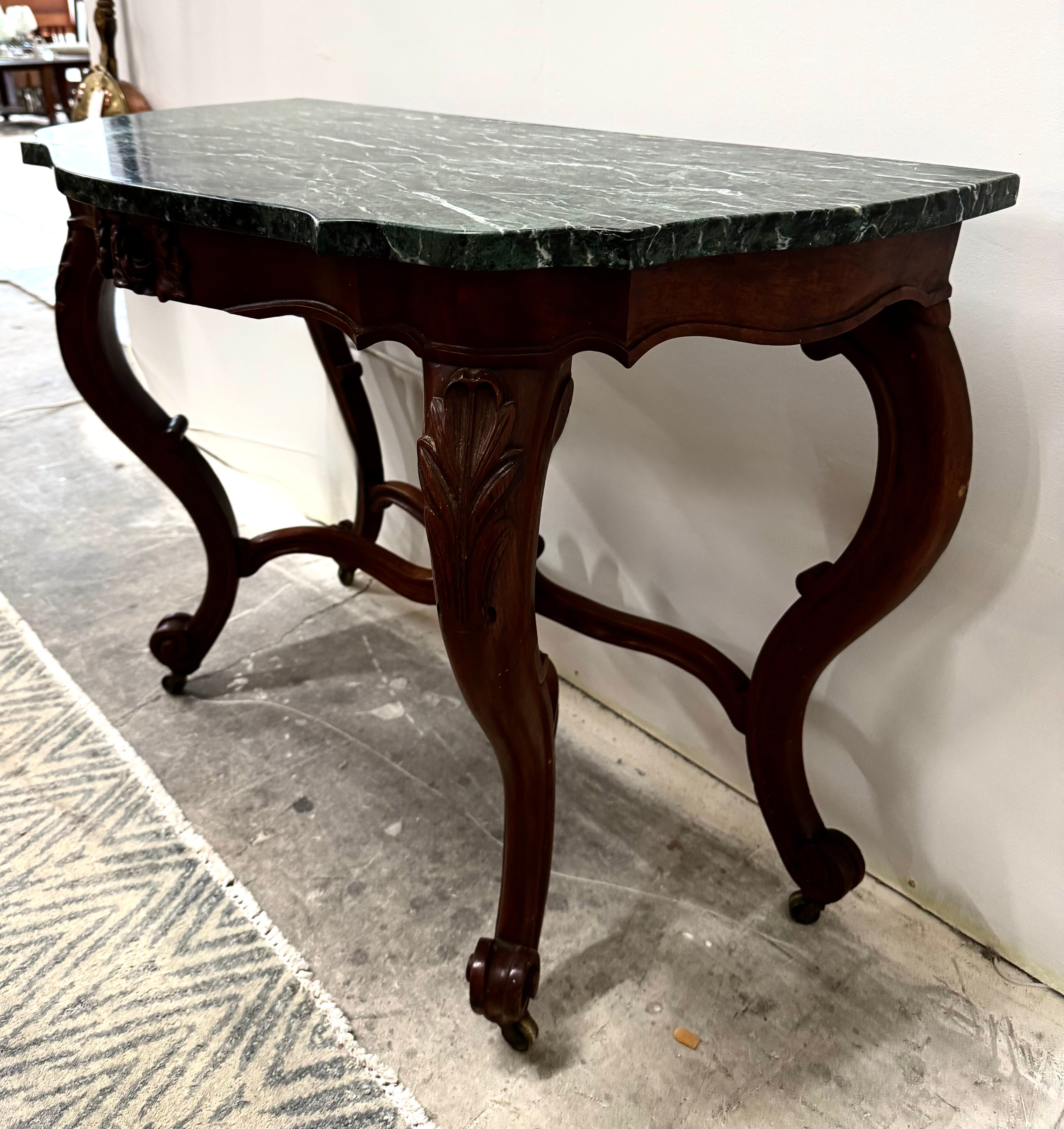 Carved Walnut Console with Green Marble Top