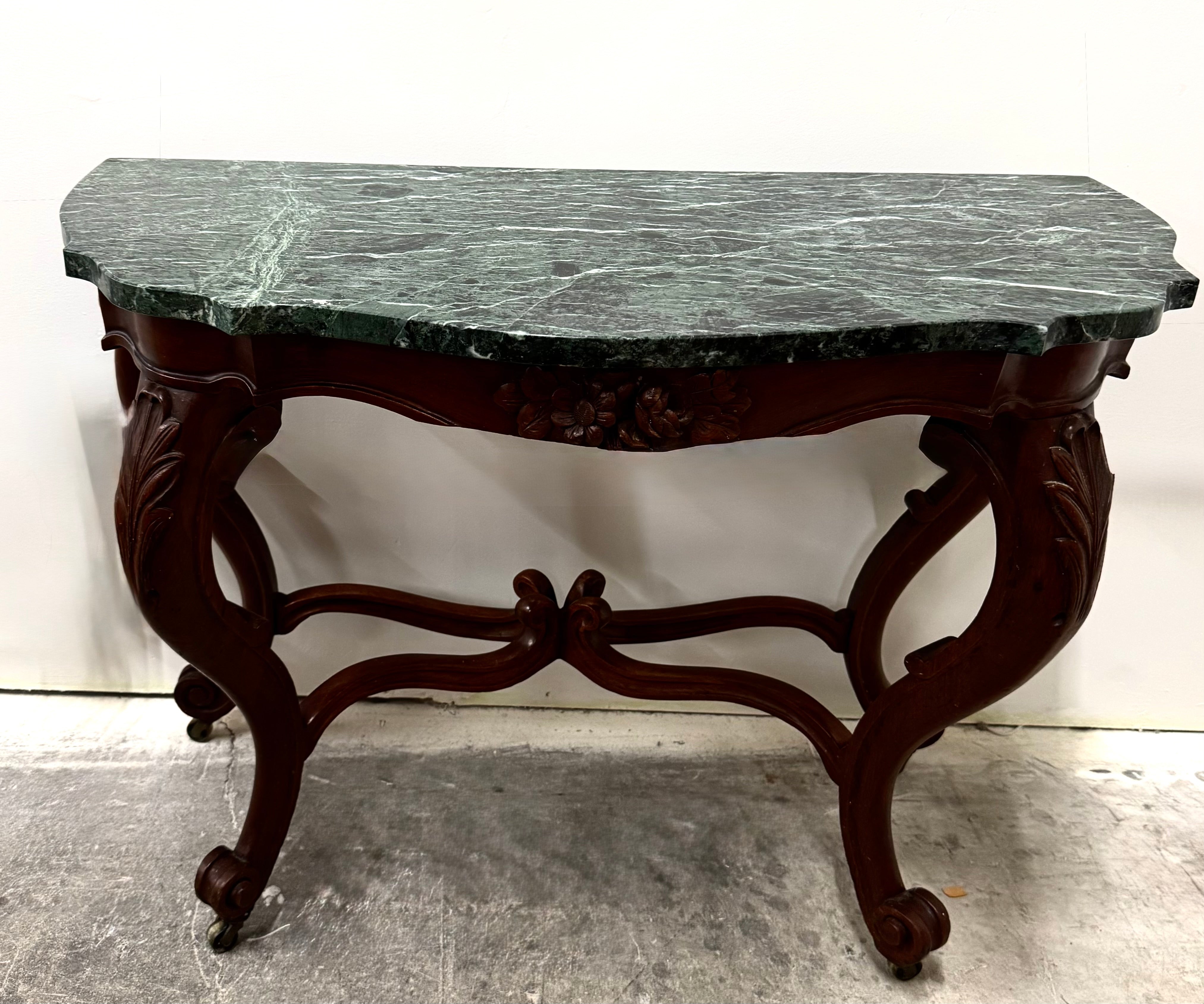 Carved Walnut Console with Green Marble Top