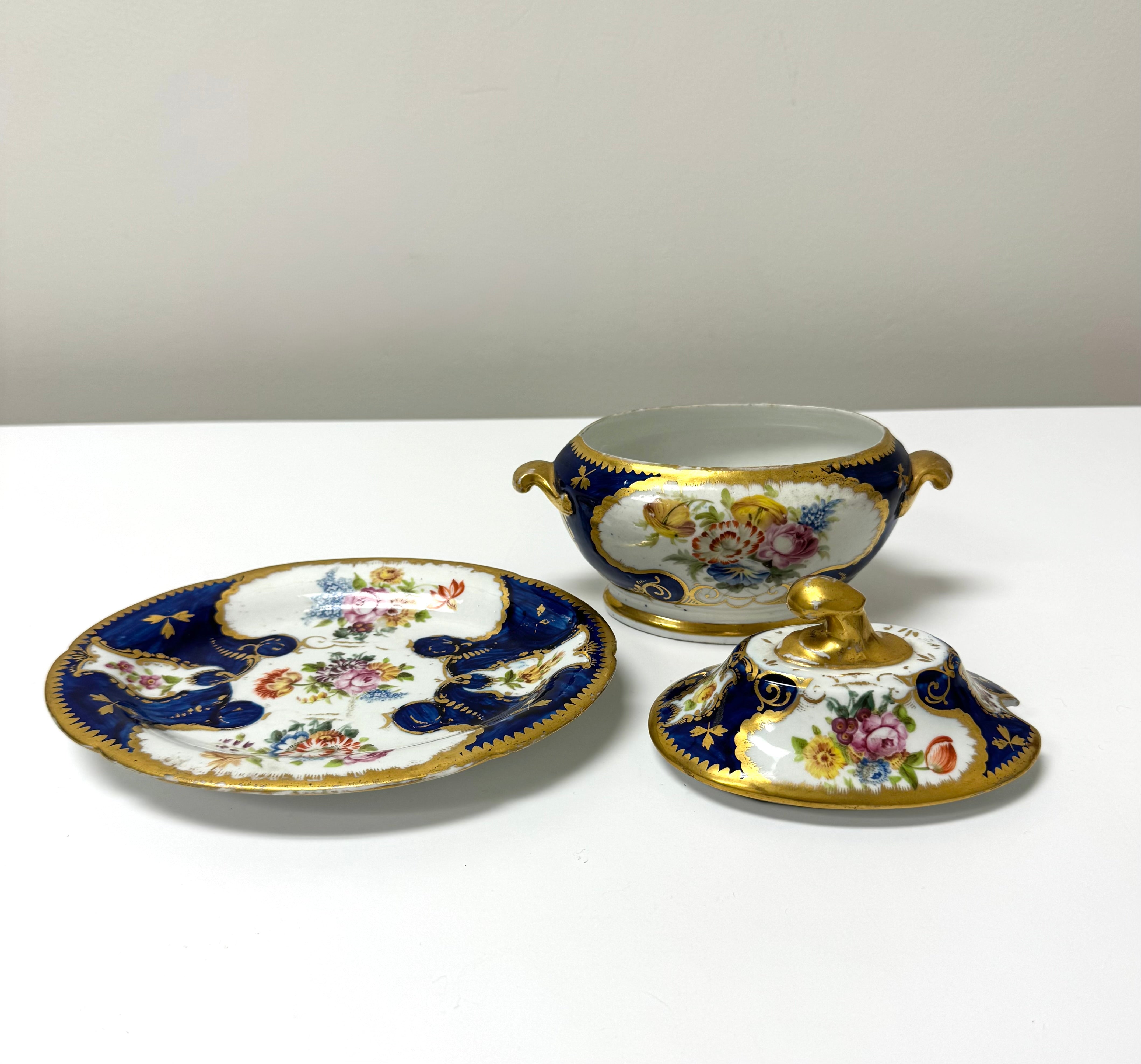 Antique Deep Cobalt Floral Gilt Ecuelle